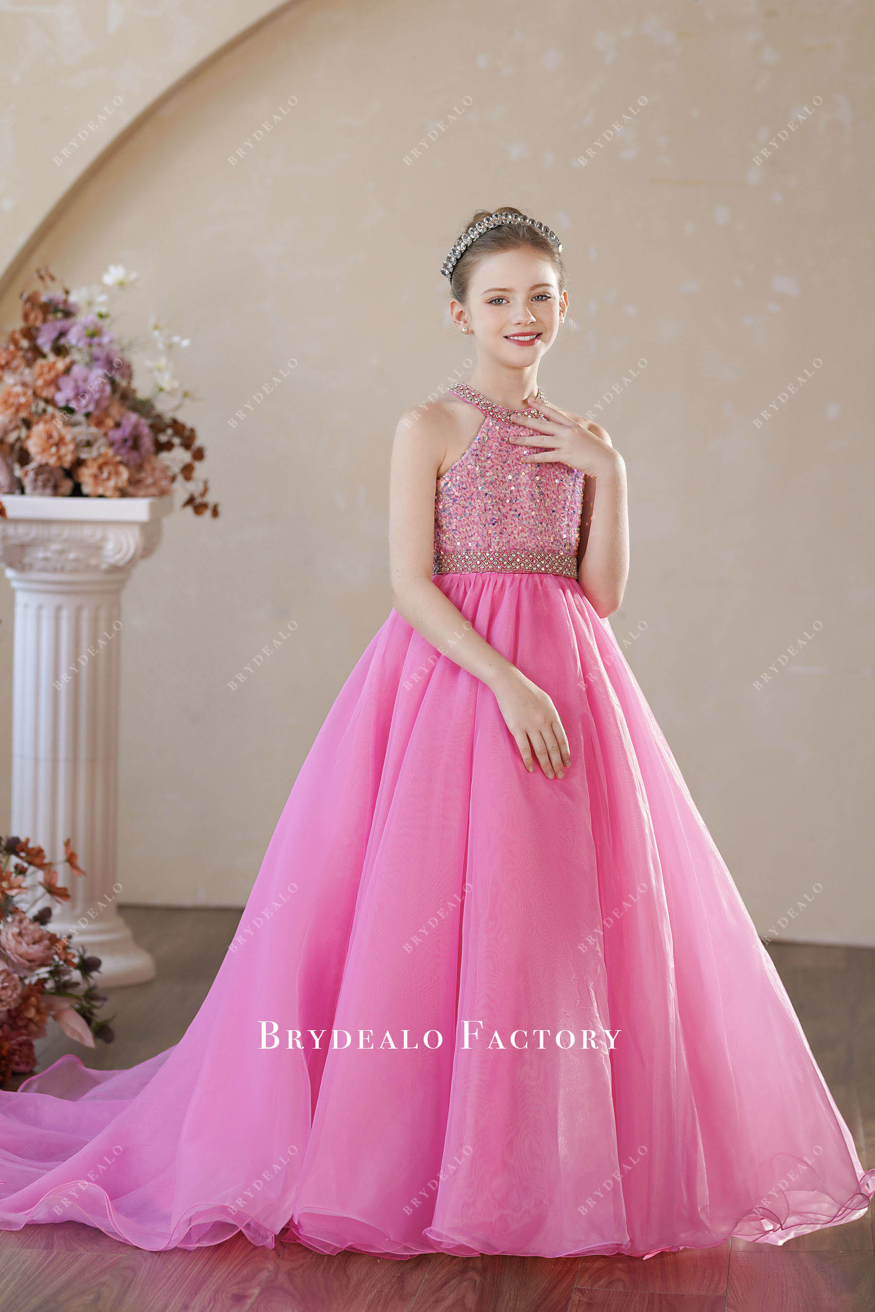 halter rhinestone neck kids birthday dress