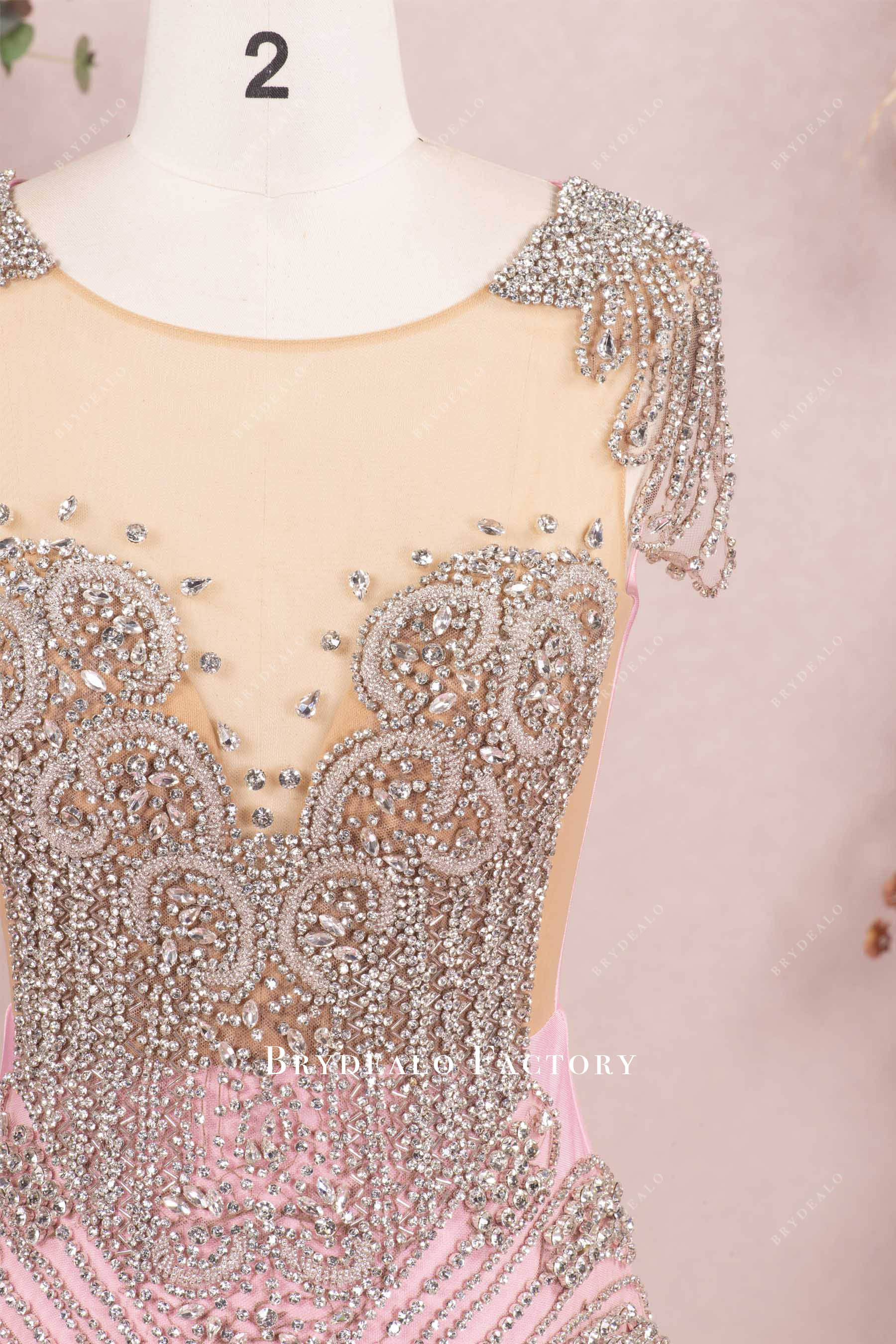 hand-sewn rhinestone illusion neck prom dress