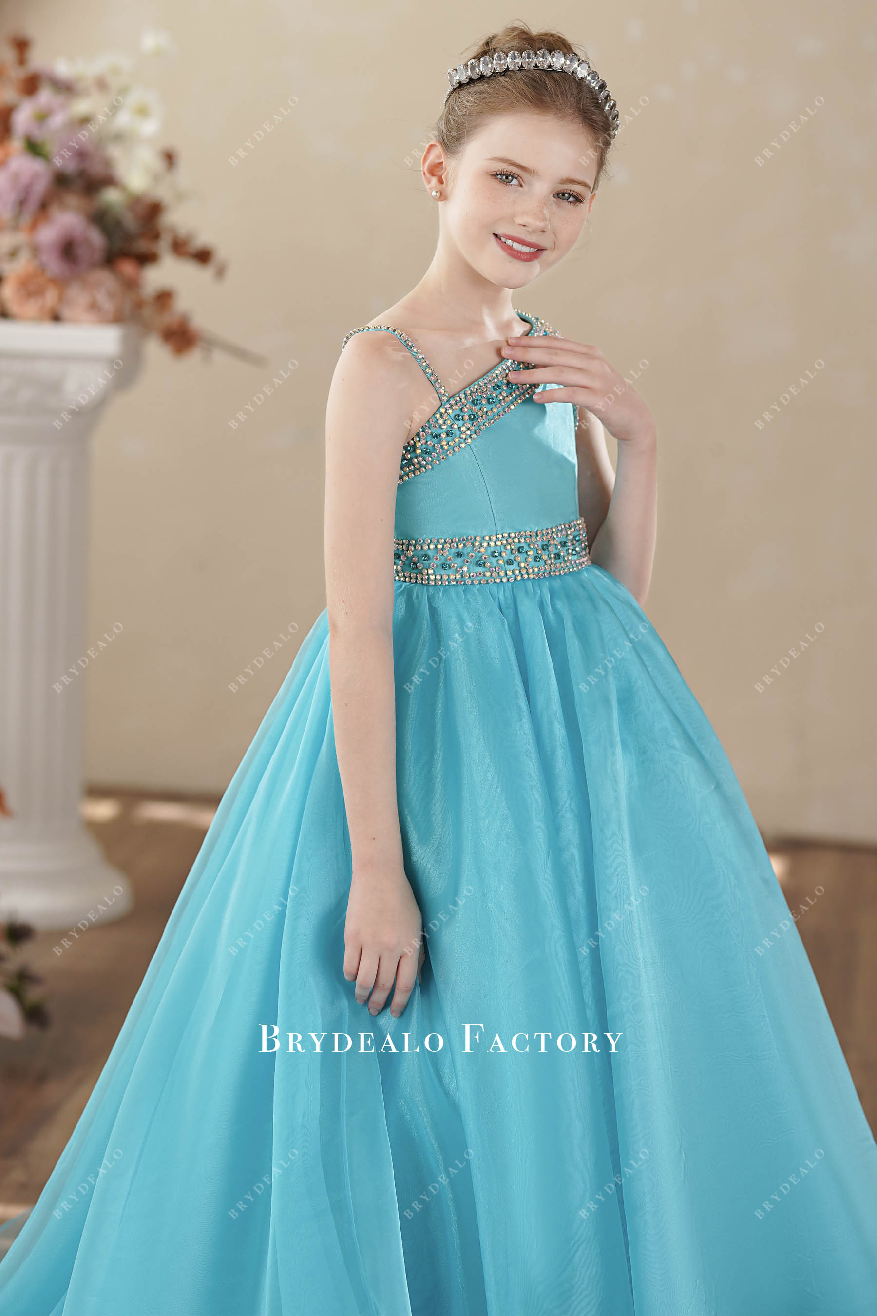 hand-sewn rhinestone waistband strap kids gown