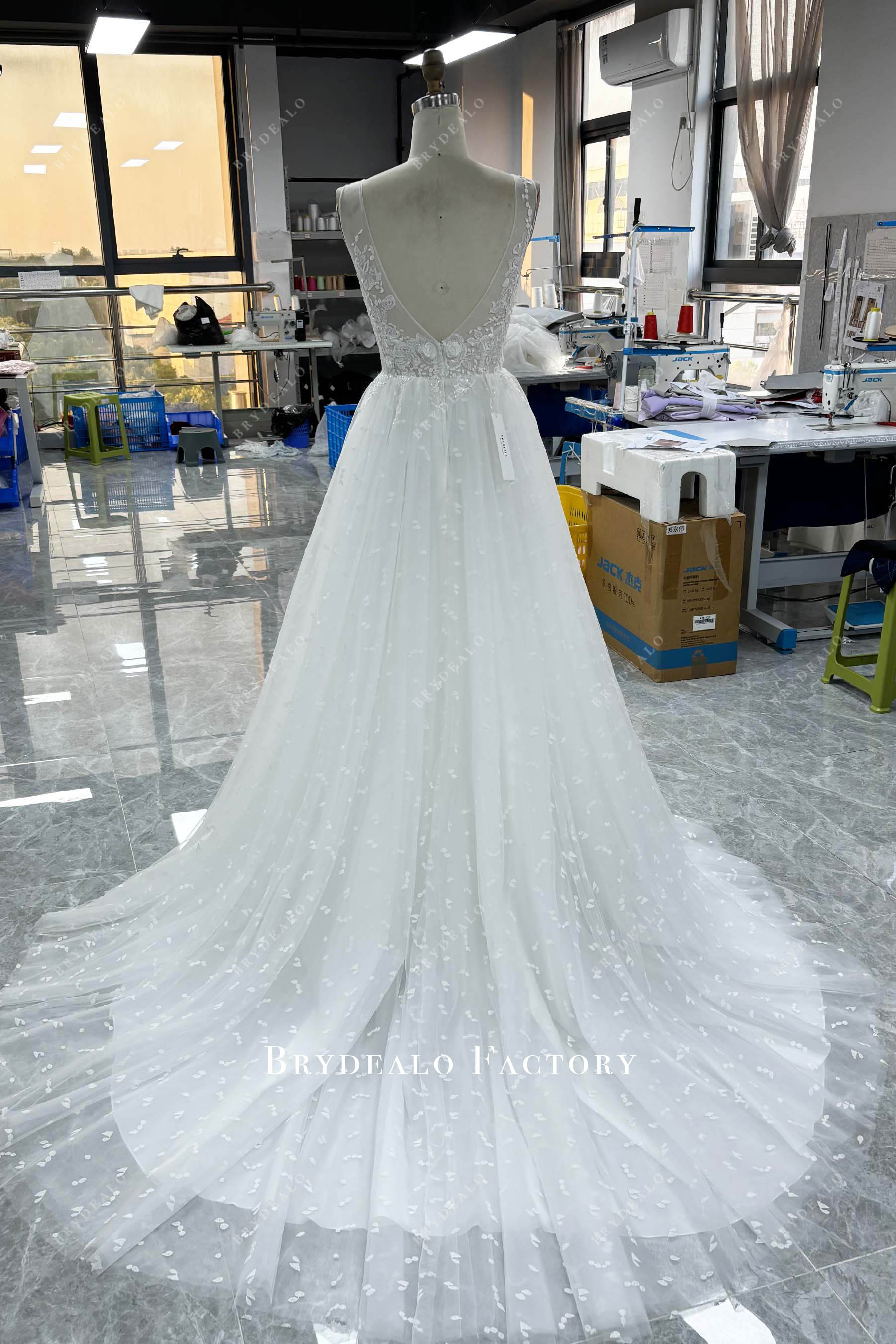 handmade V-cut back long wedding dress