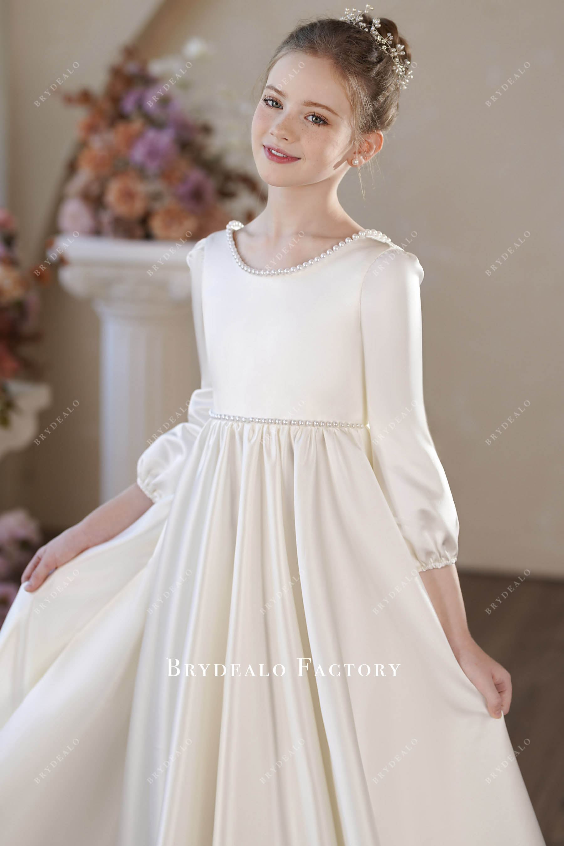 high end satin long sleeve flower girl dress