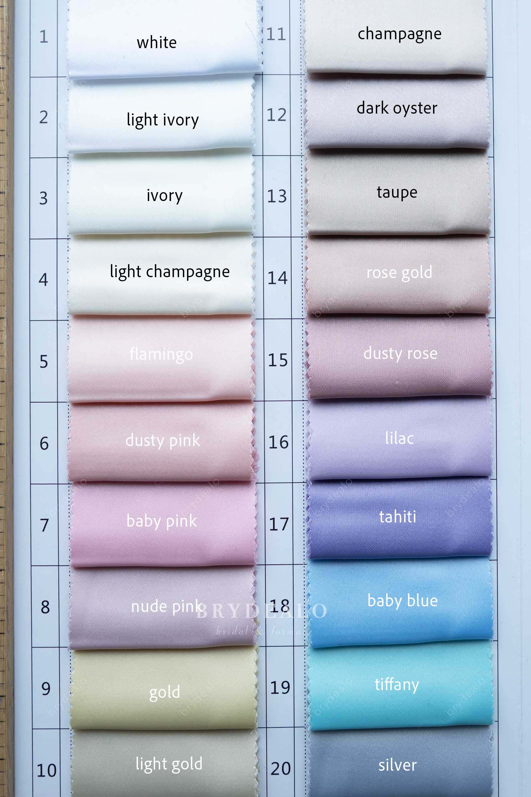 high end smooth satin fabric color chart