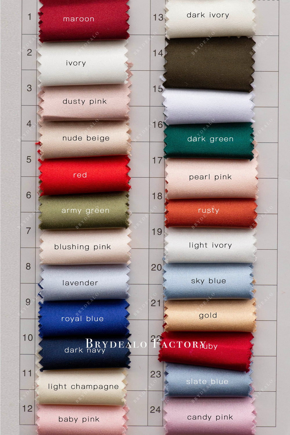 HighEnd Sheen Bridal Satin Fabric Color Chart|30+ Colors