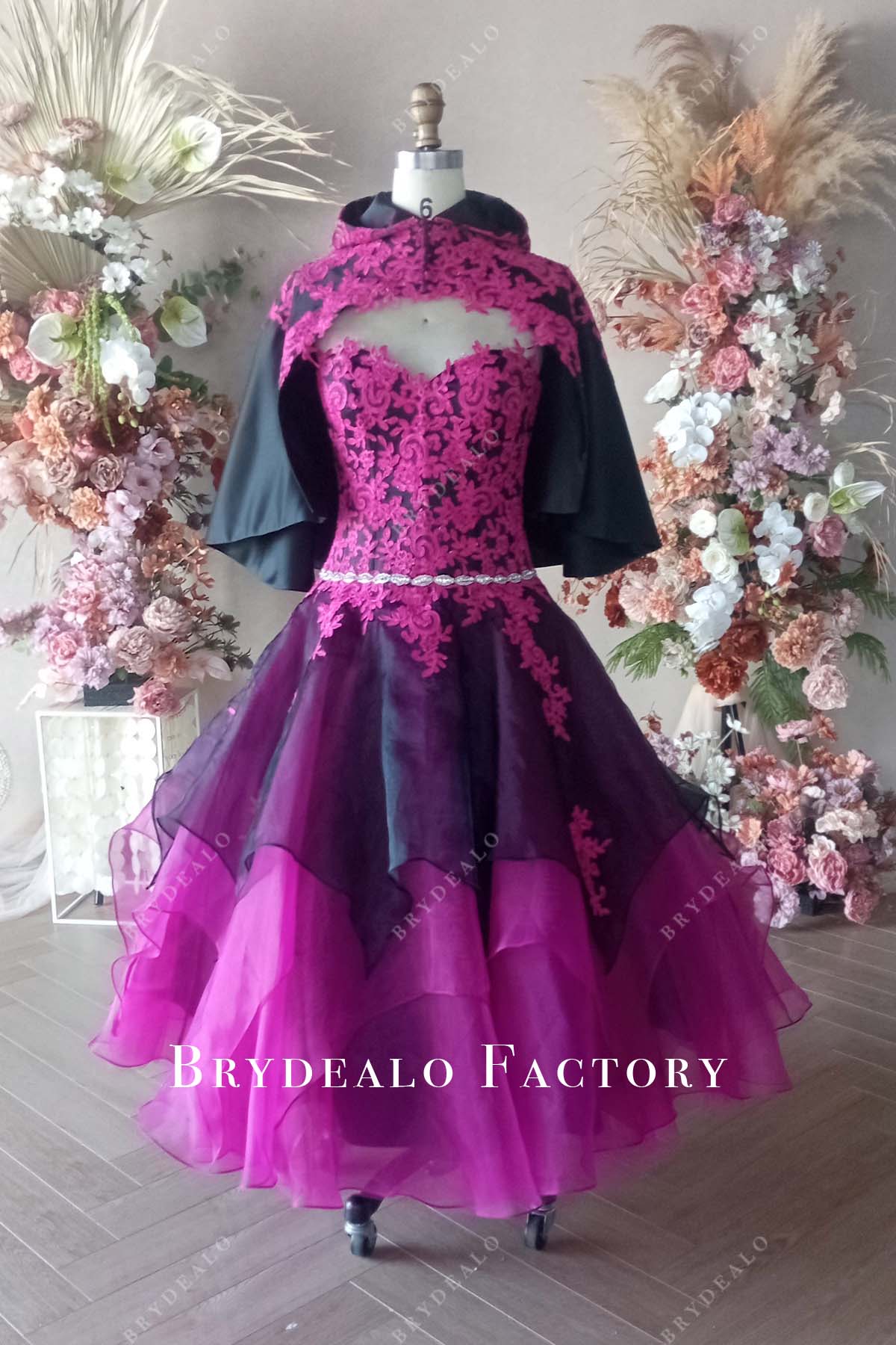 Private Label Custom Fuchsia Lace Organza Black Satin Cloak Hood Dress