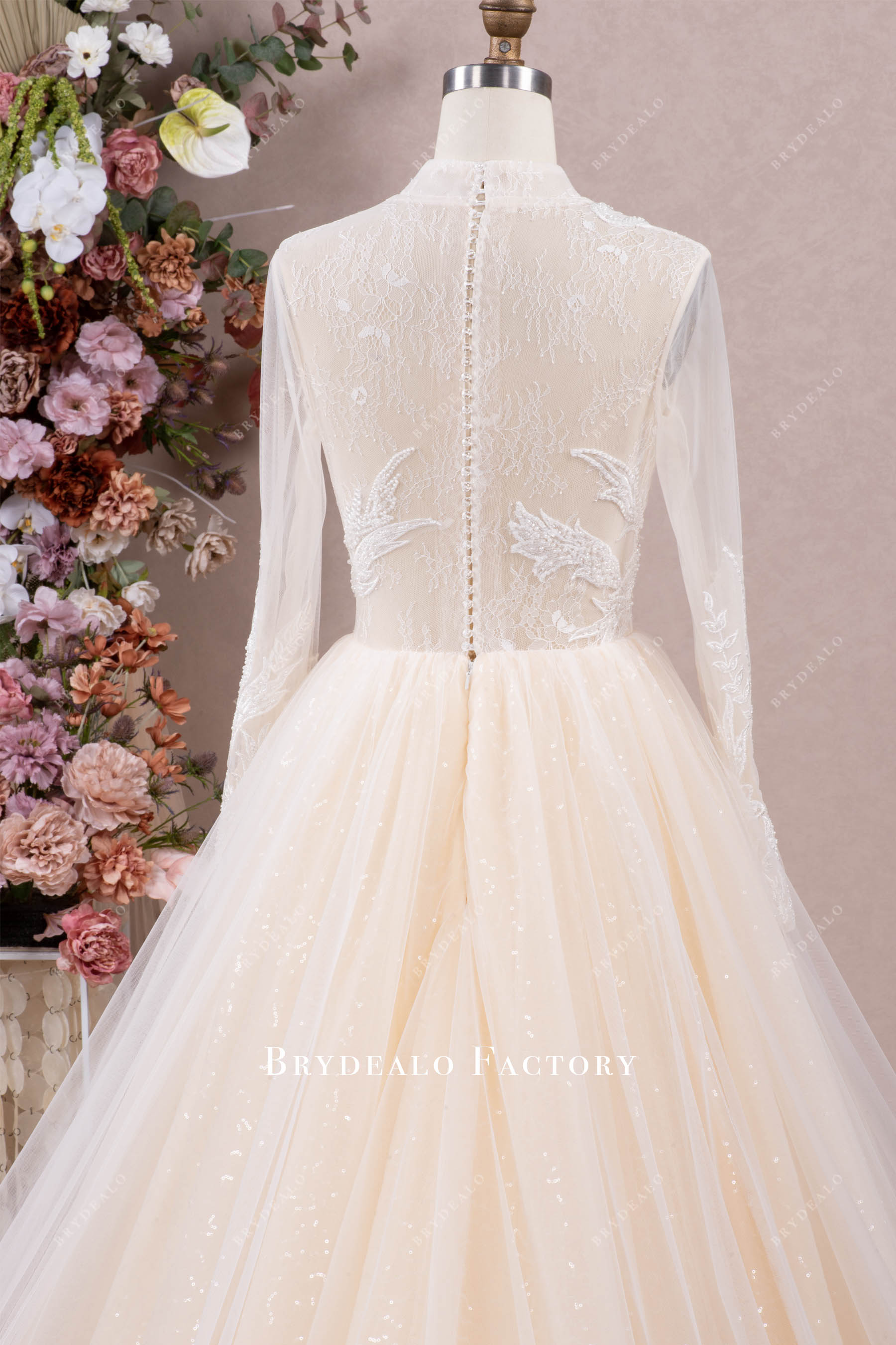 high neck illusion lace back wedding dress