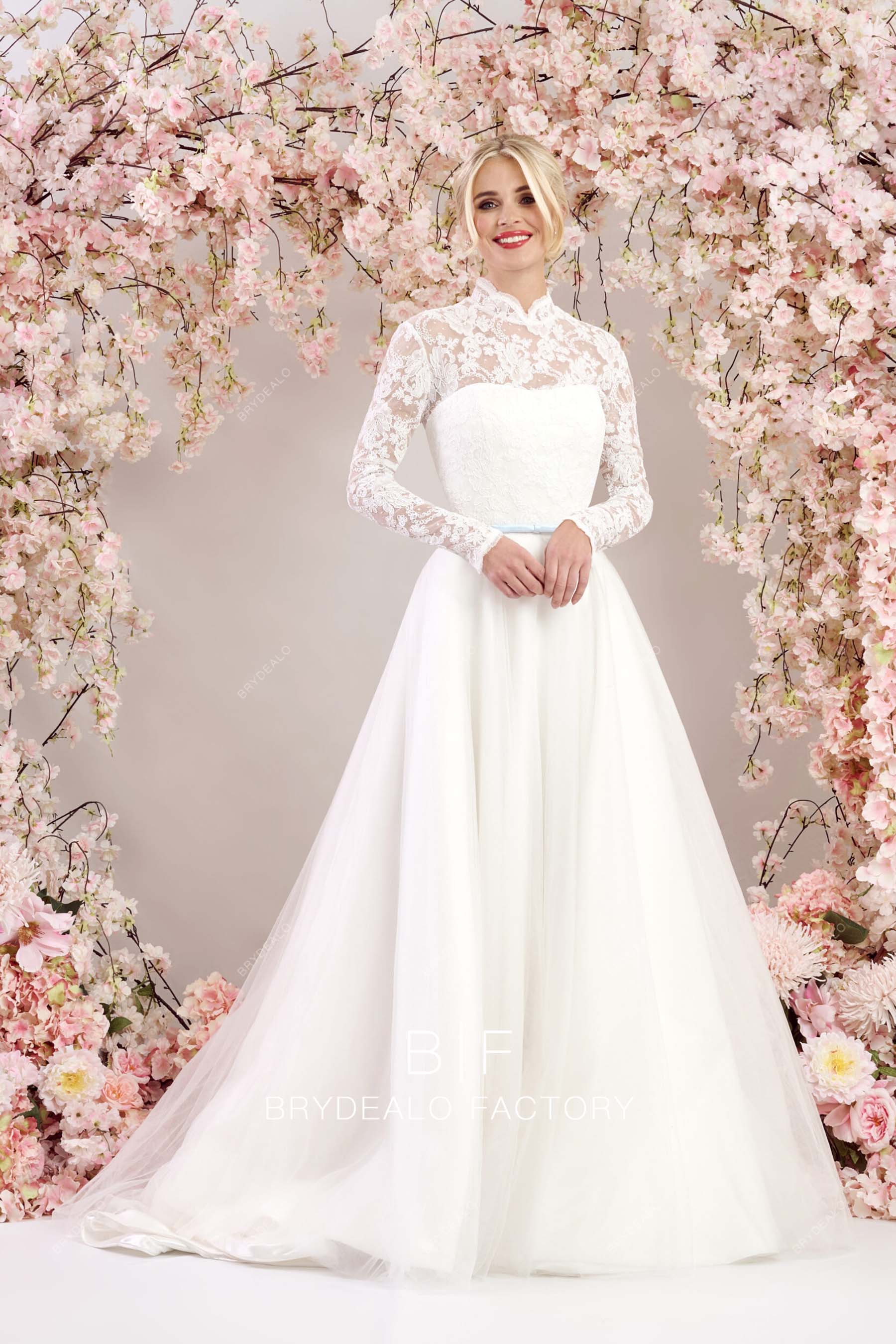 high neck lace long modest wedding dress