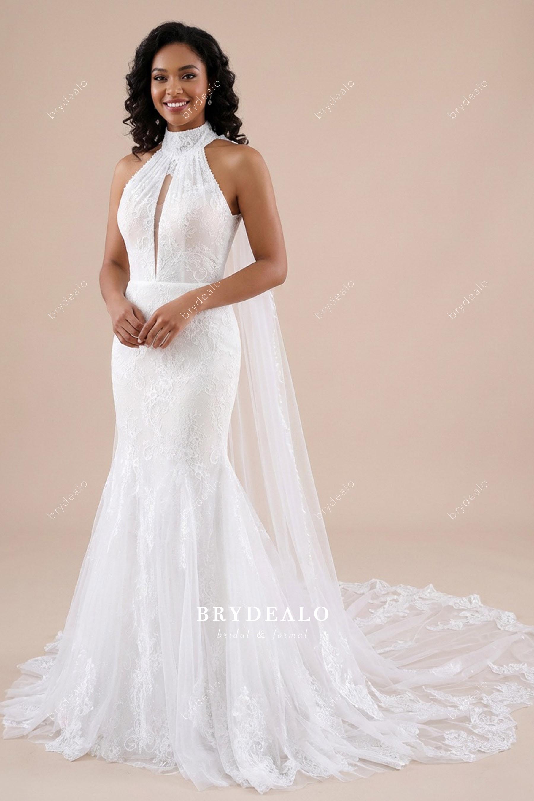 high neck lace mermaid wedding dress
