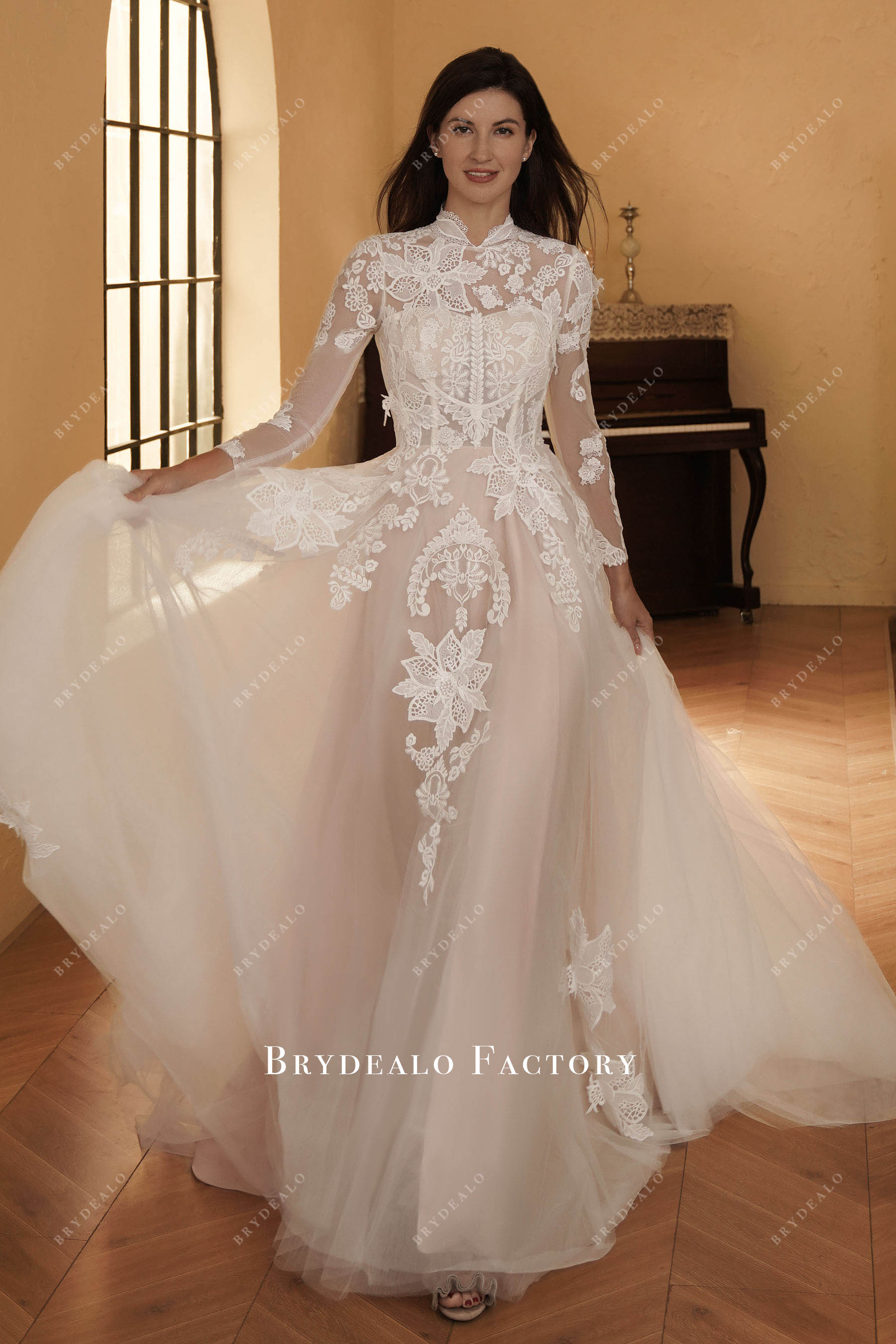 high neck lace sleeve A-line wedding dress