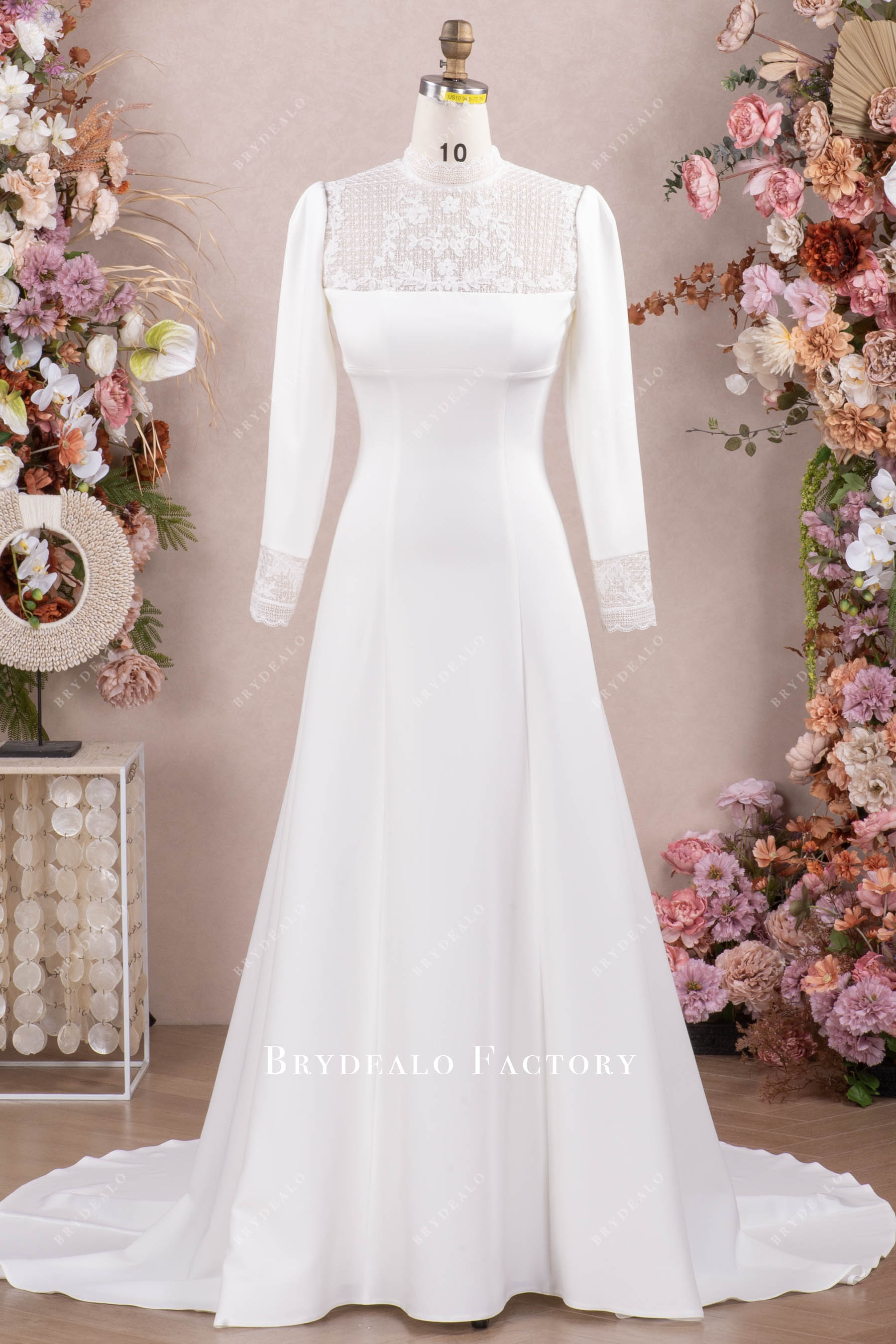 high neck long sleeve crepe royal wedding dress