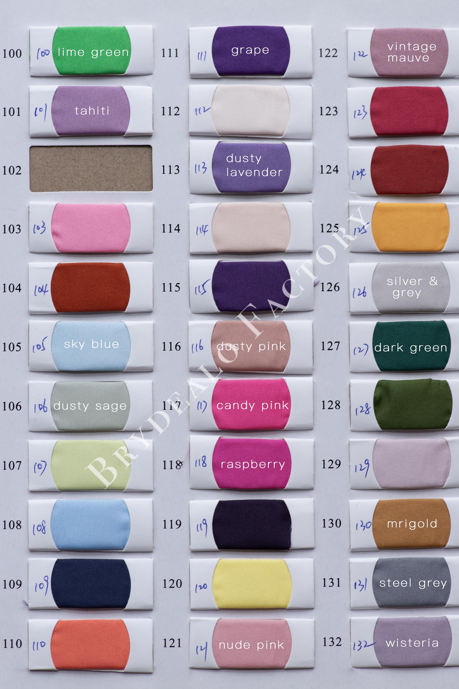 high quality lining swatch chart