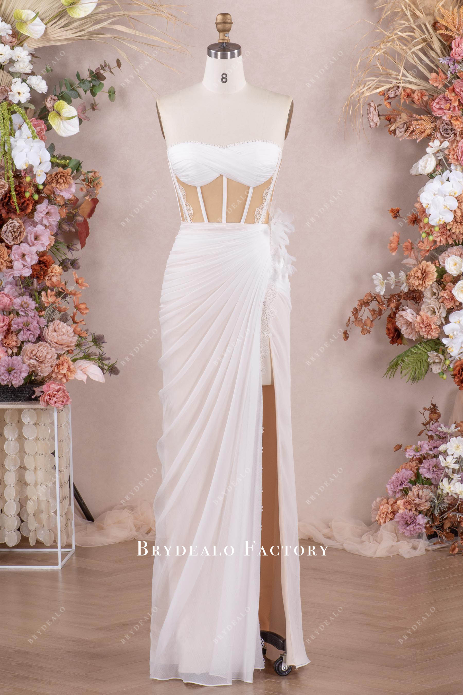 Sweetheart Corset High Slit Chiffon Overskirt Beach Wedding Dress