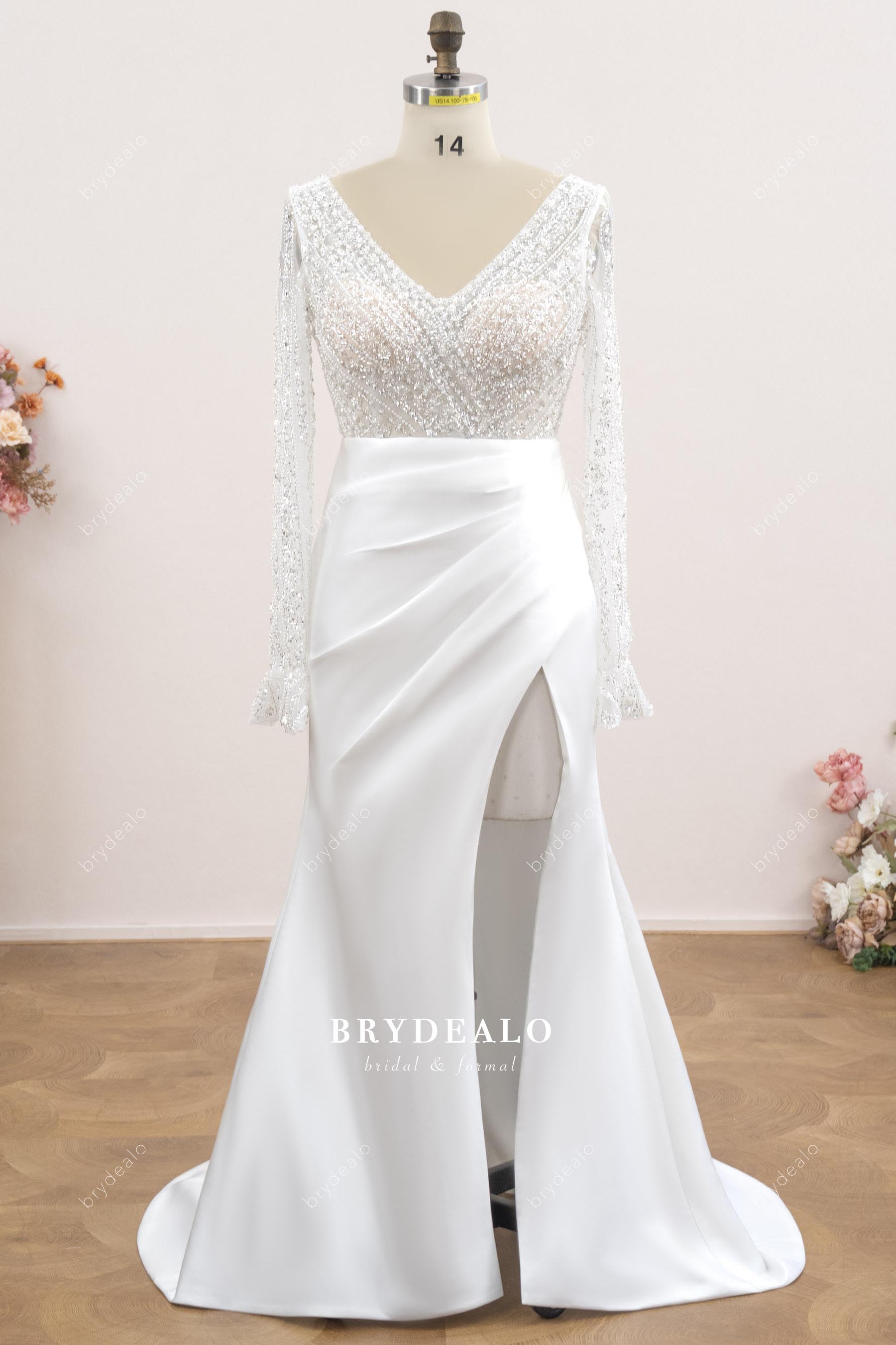 high slit sleeved wedding dress