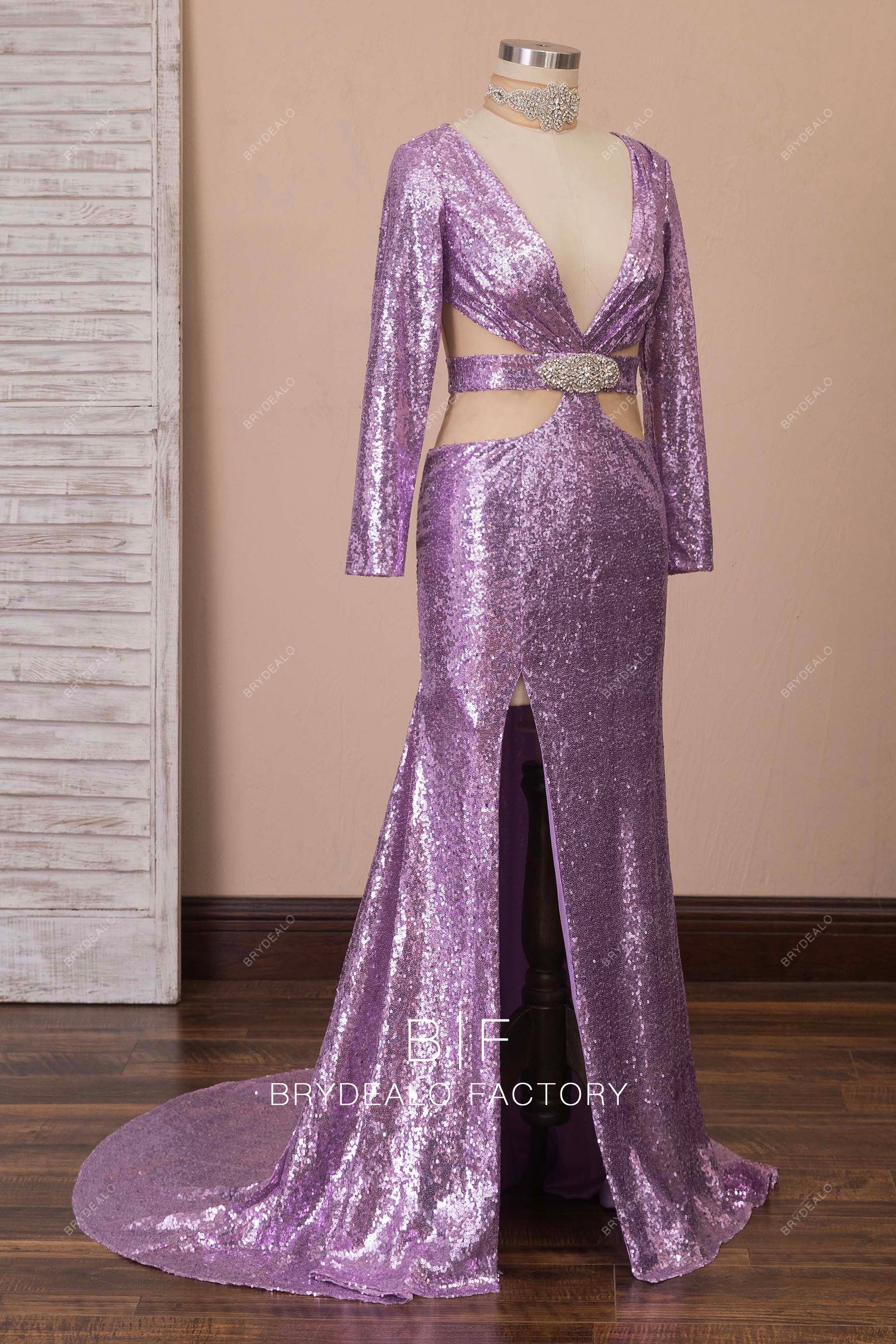 high slit sparkly sequin prom dress