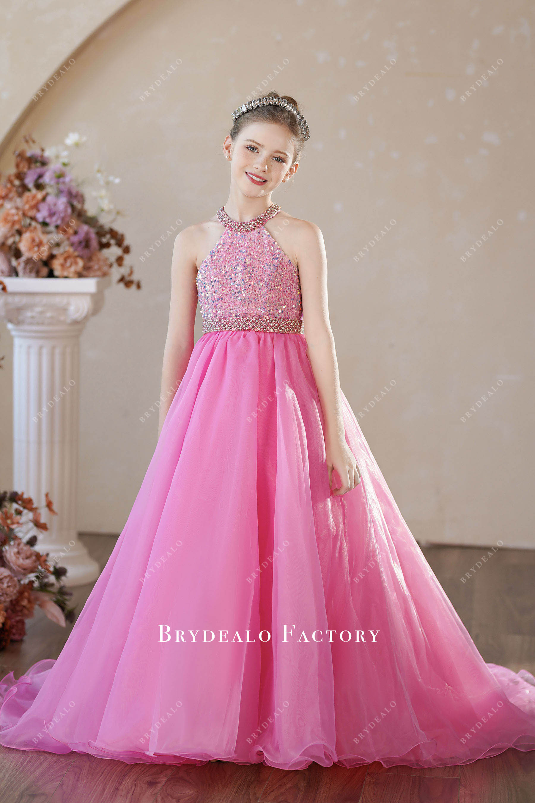 hot pink rhinestone halter kids ballgown