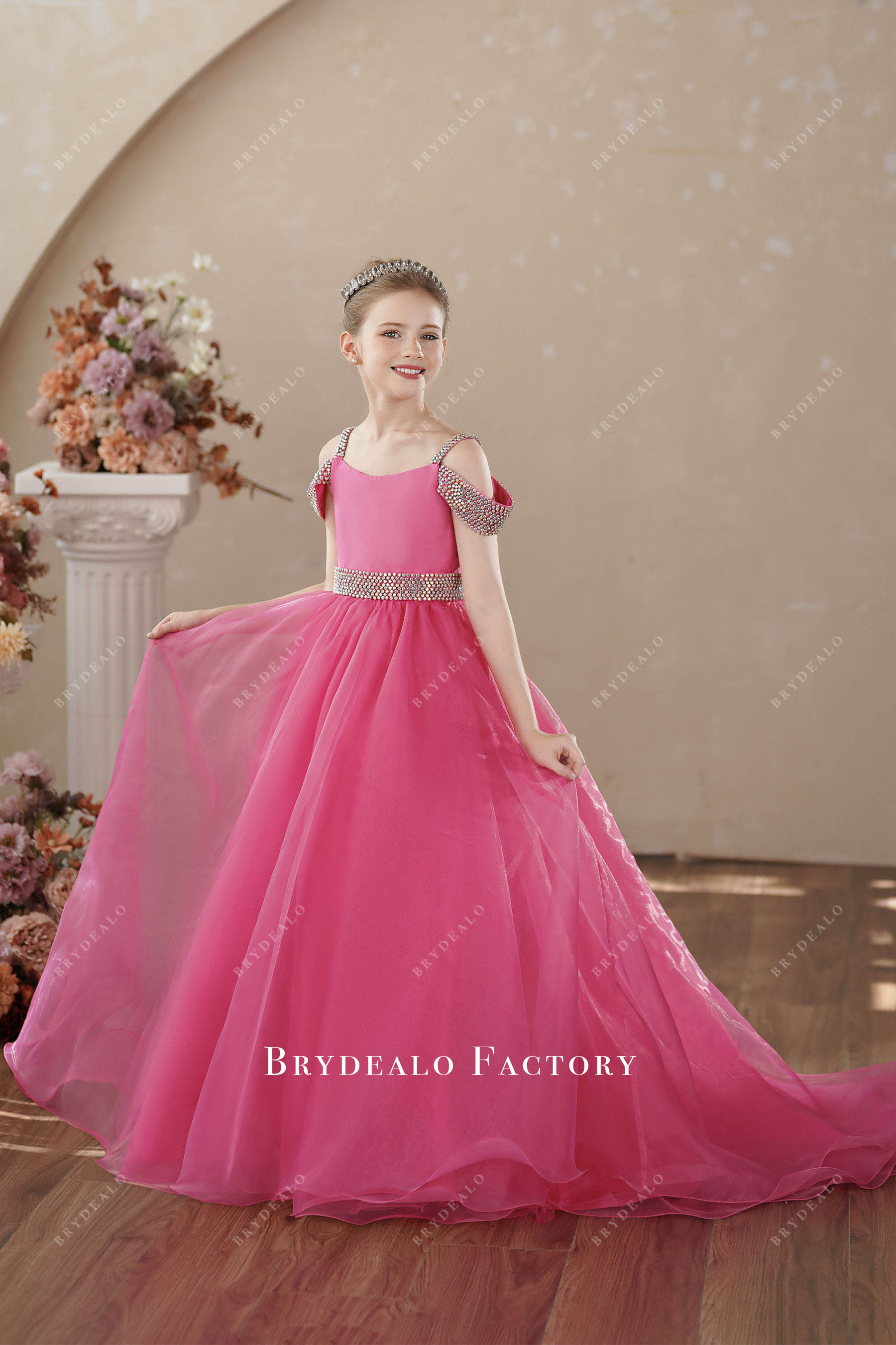 hot pink rhinestone straps junior pageant gown