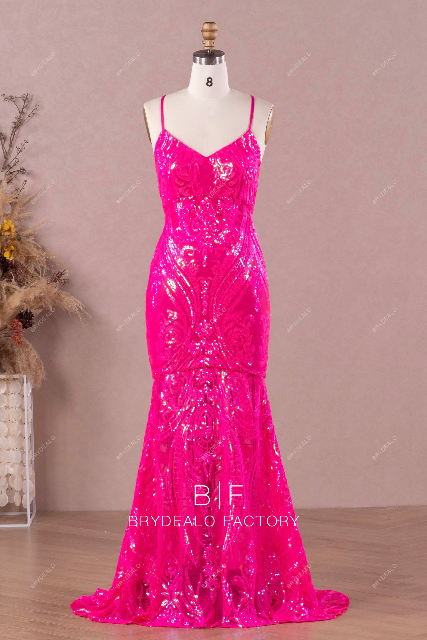Hot Pink Sparkly Sequin Crisscross Back Mermaid Prom Dress