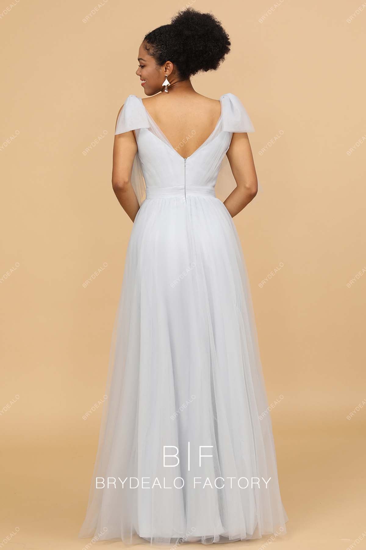 Ice Blue Open V-back Shoulder Tie Tulle A-line Bridesmaid Gown