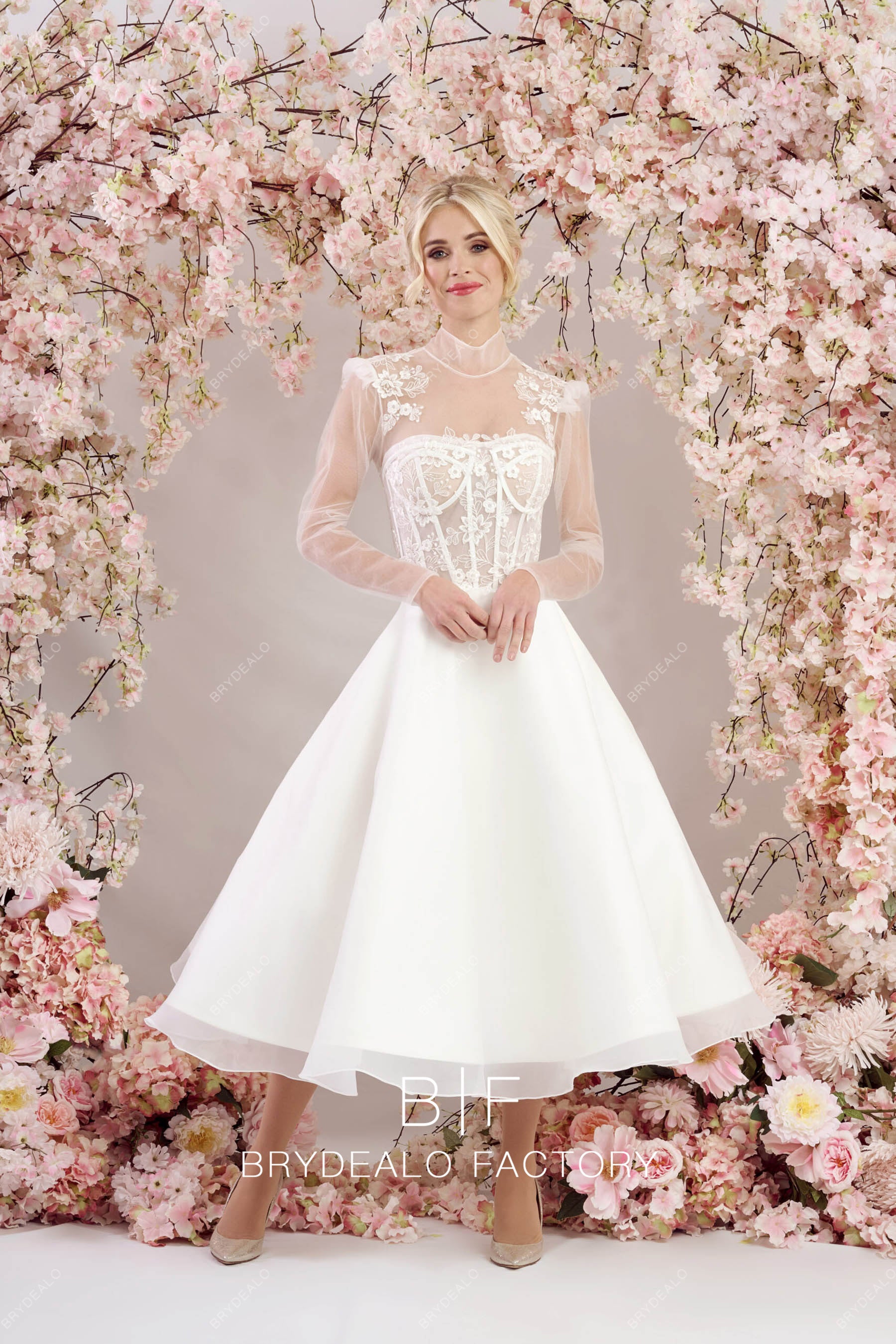 Vintage Sheer High Neck Buttoned Back Tea Length Wedding Dress