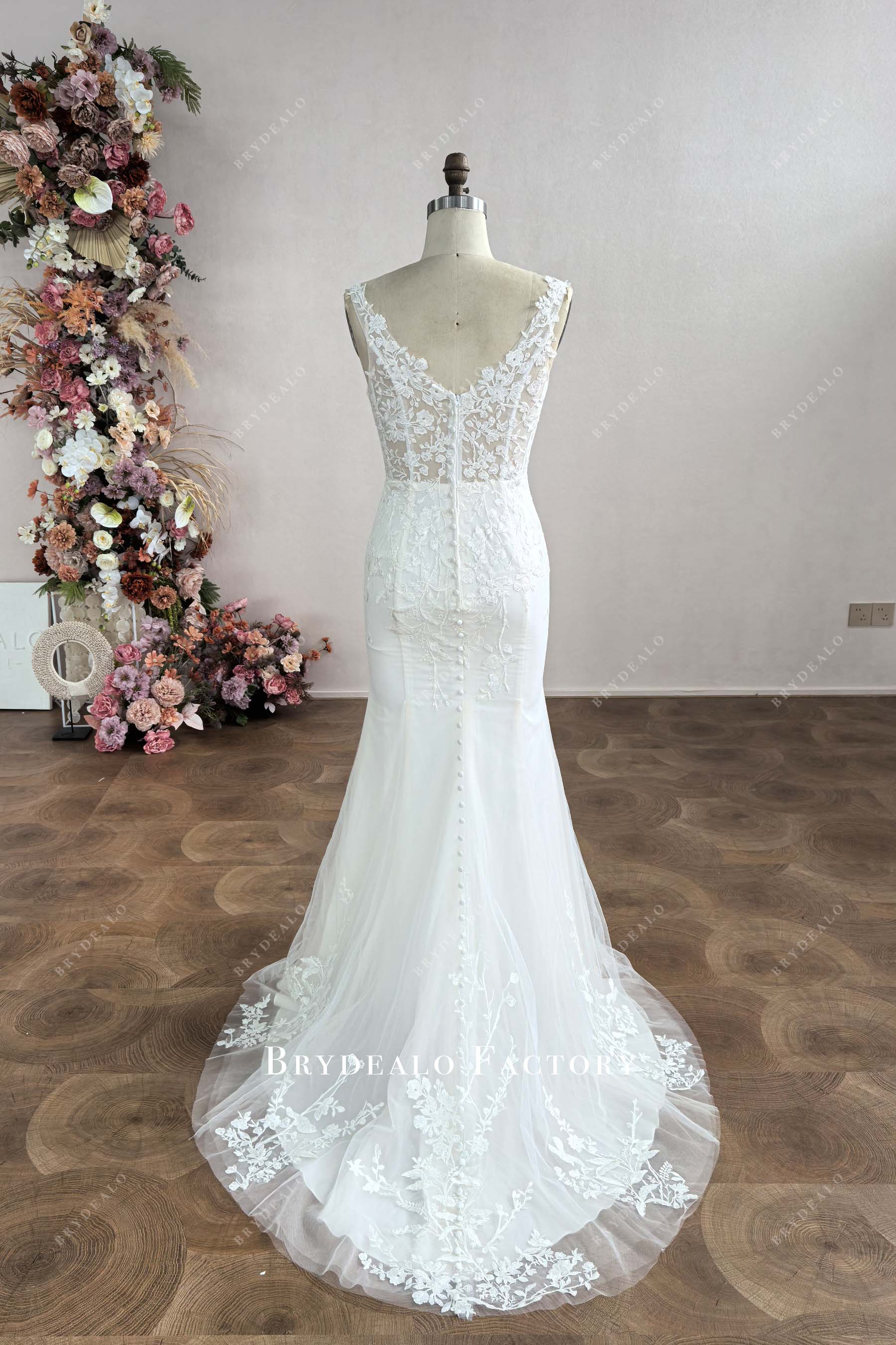 illusion V-back court train wedding dress