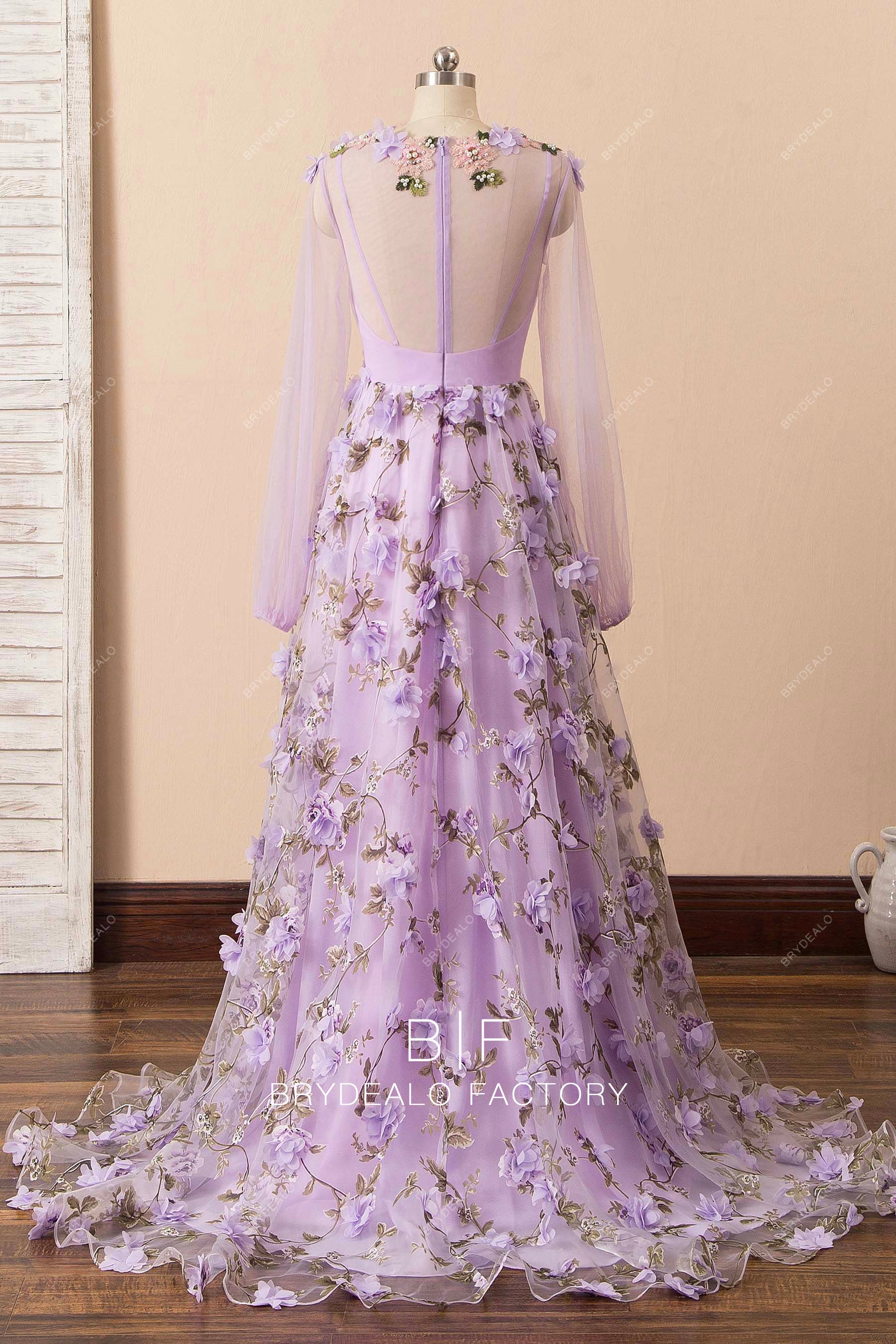 illusion back flower long prom dress