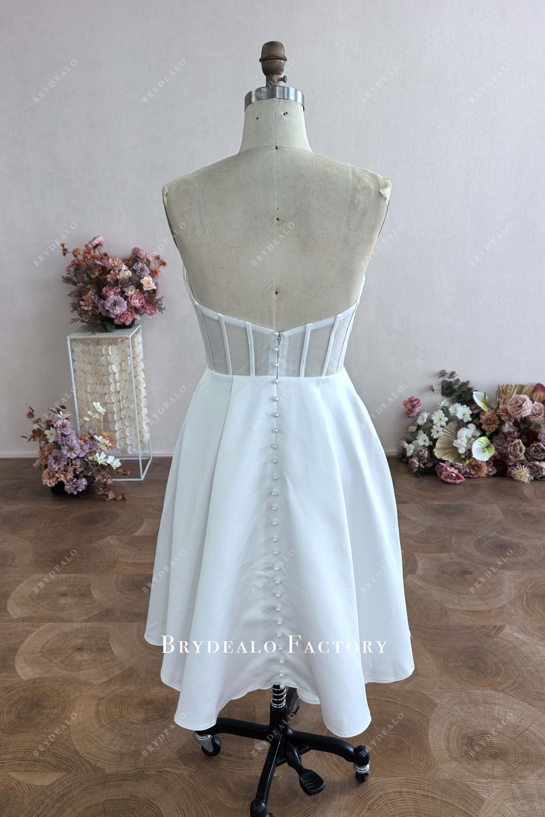 illusion back short satin wedding dress