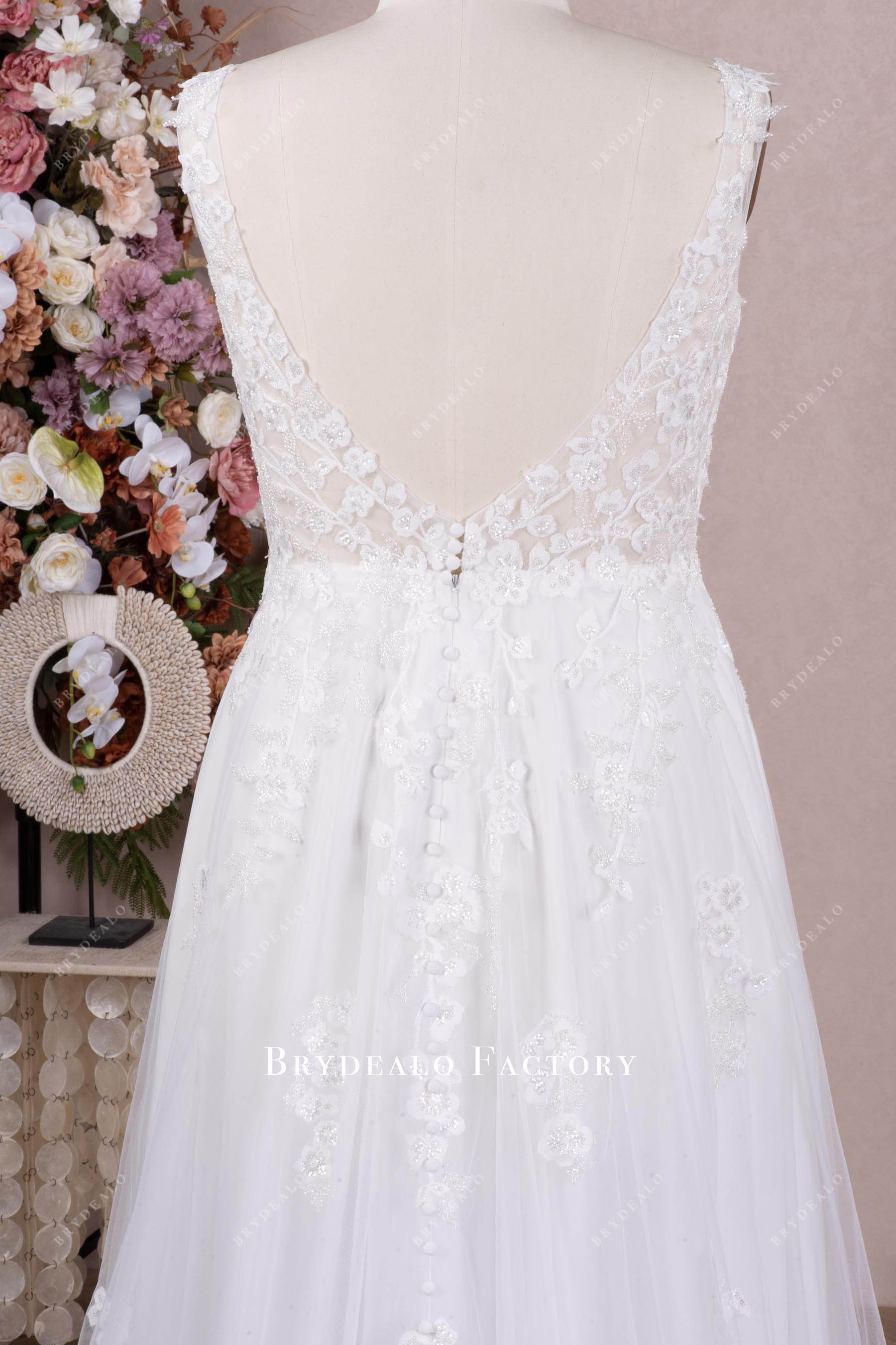 illusion beaded lace buttoned back bridal gown