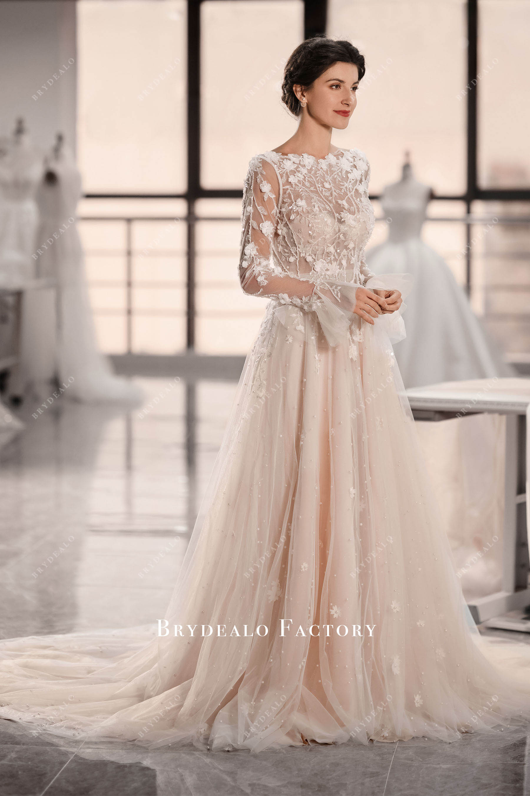 illusion bell sleeve lace wedding dress sample