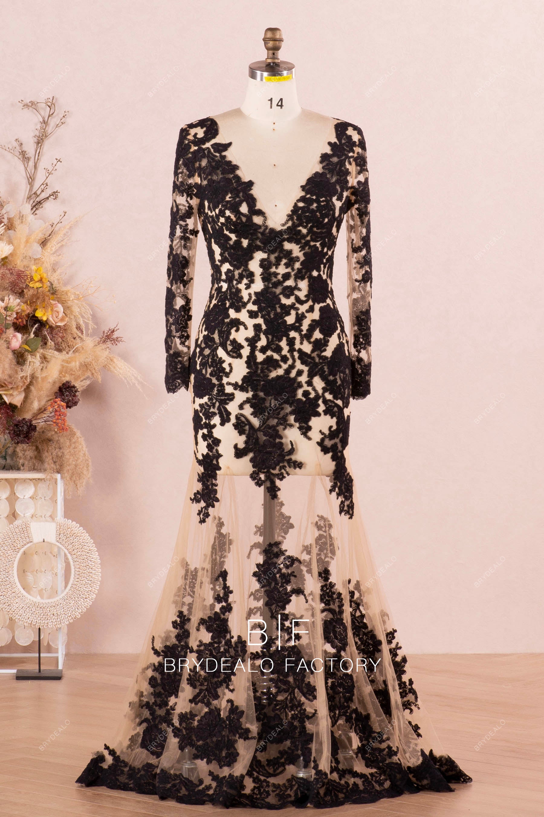 illusion black lace wedding dress