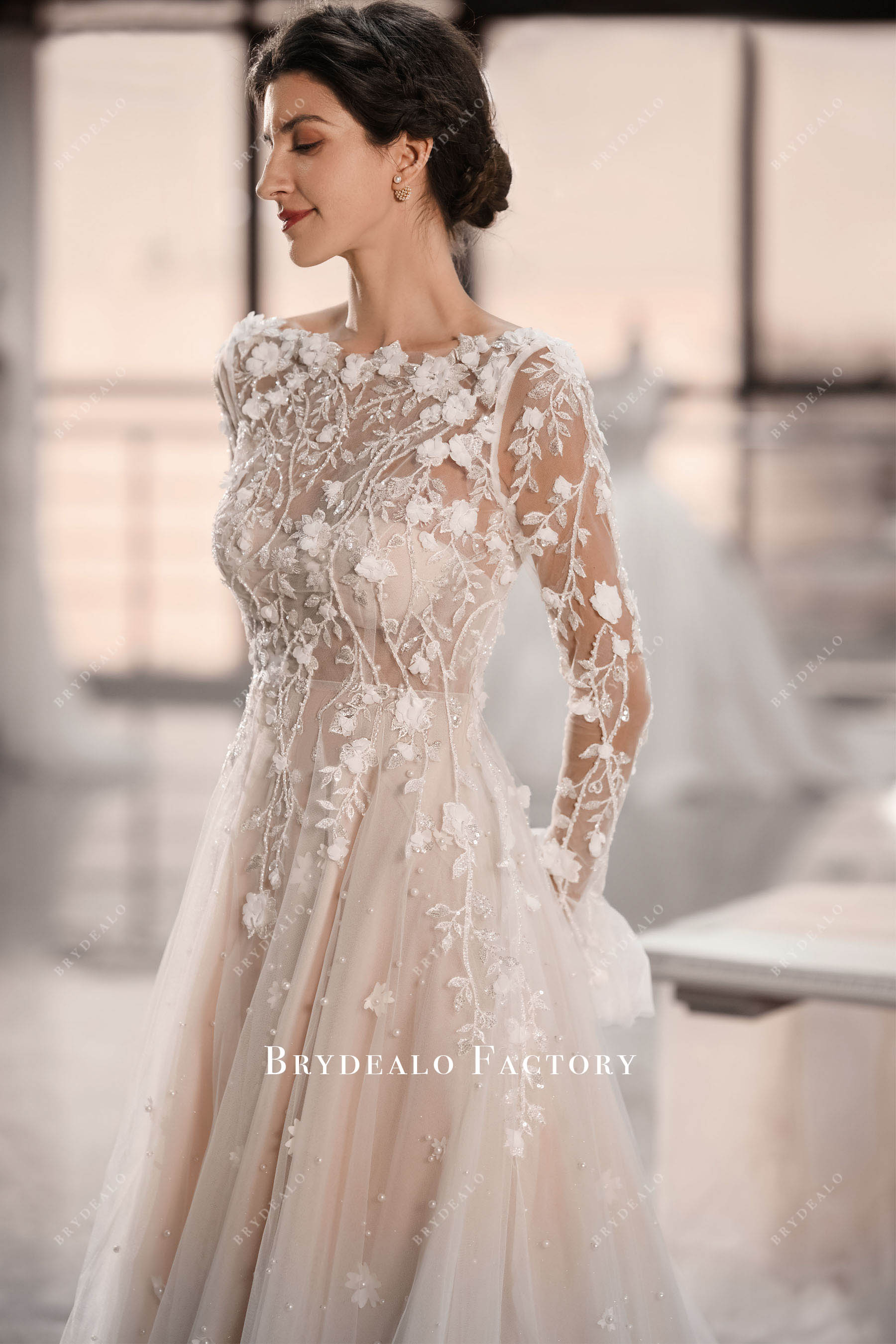 illusion boat neck flower wedding dress sample sale