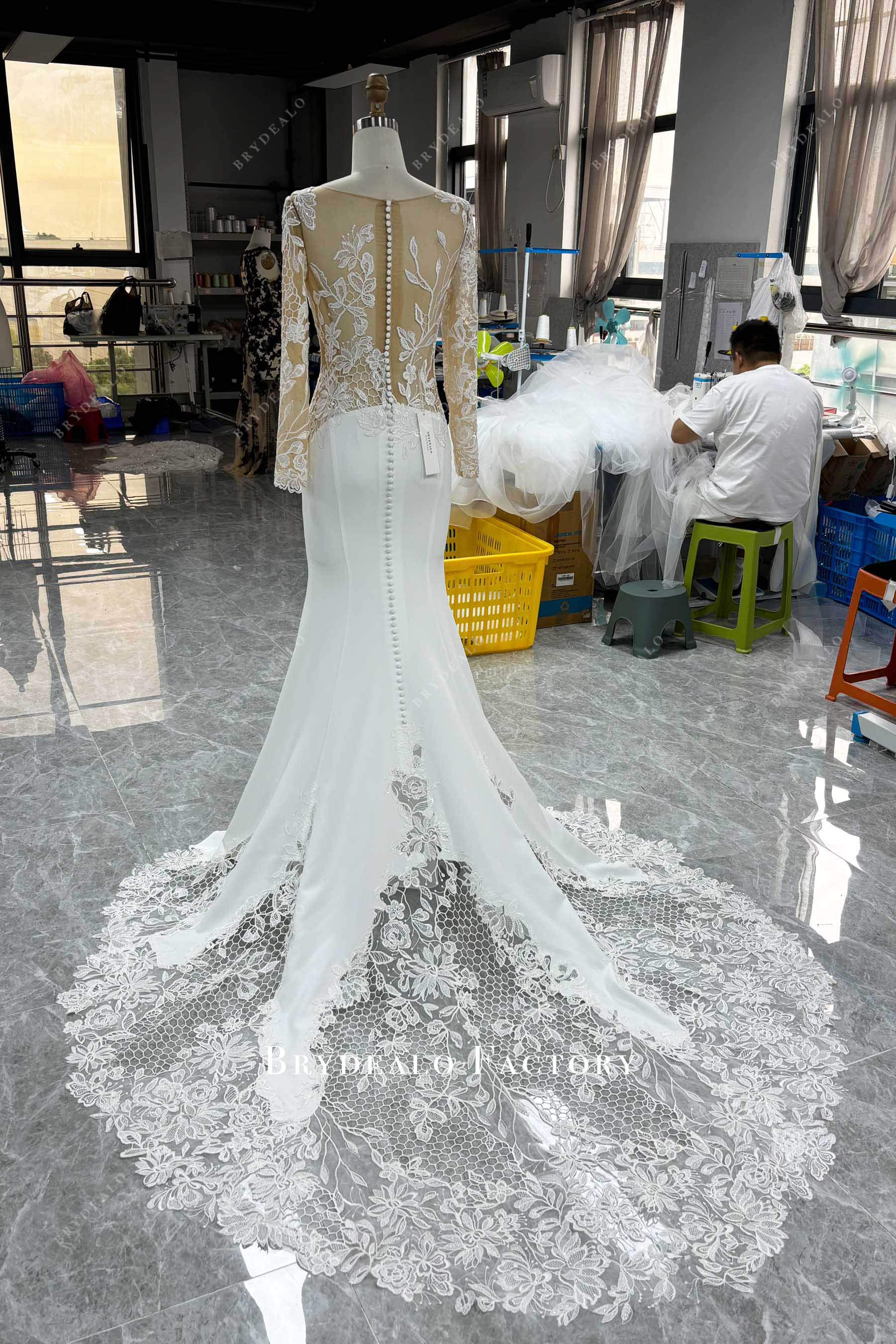 Elegant Long Cutout Lace Train Crepe Mermaid Wedding Dress