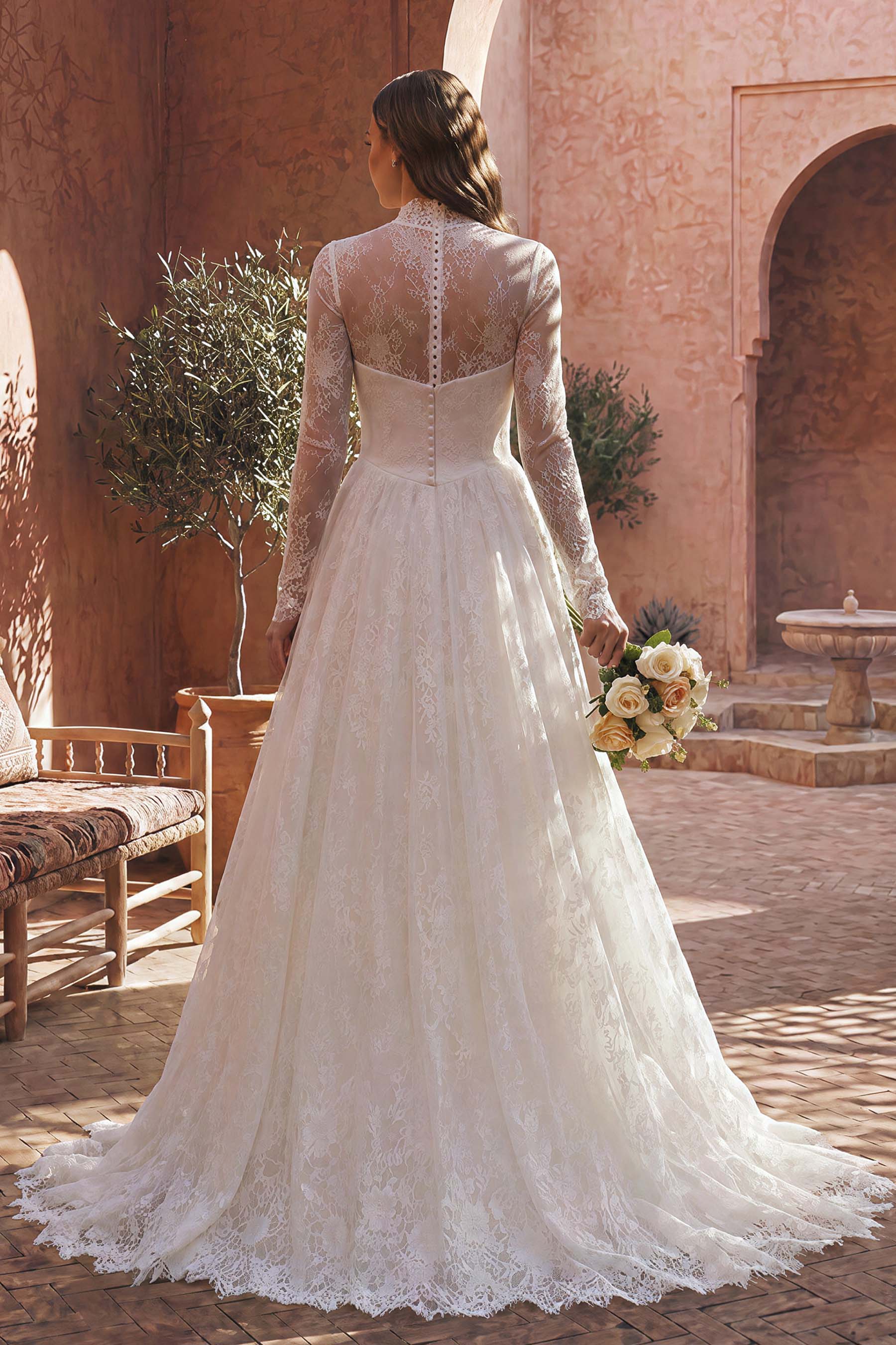 illusion buttoned back lace wedding dress