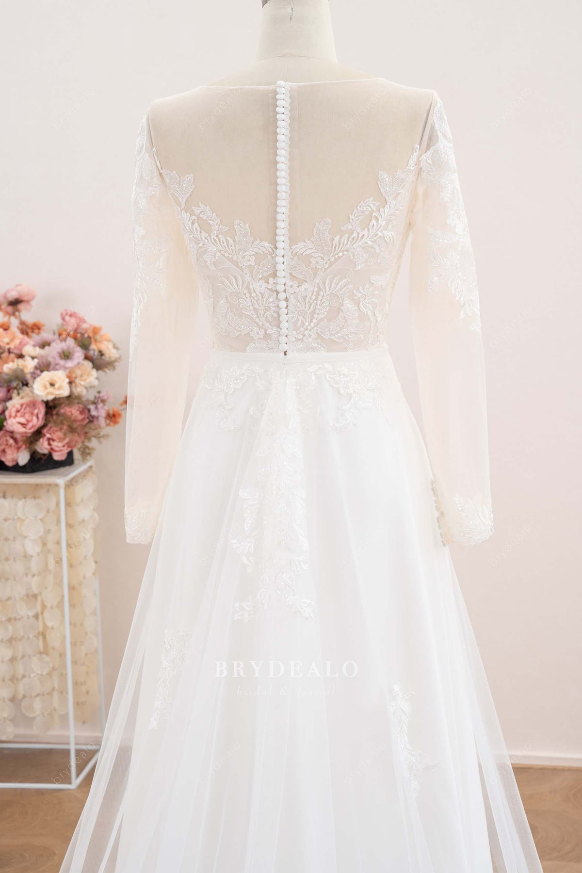 illusion buttoned back lace wedding dress