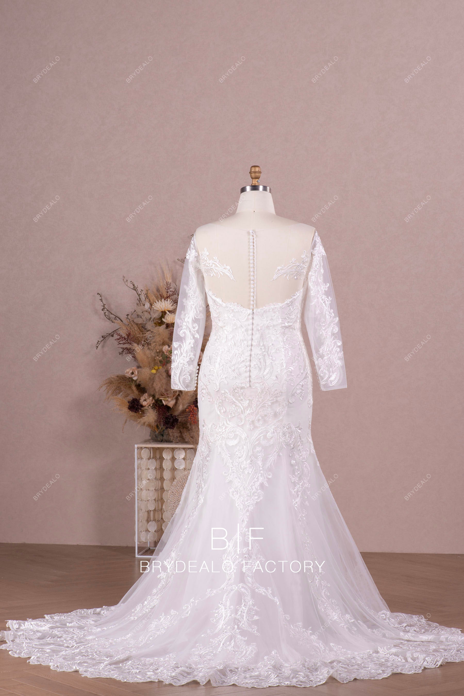 illusion buttoned back mermaid wedding gown