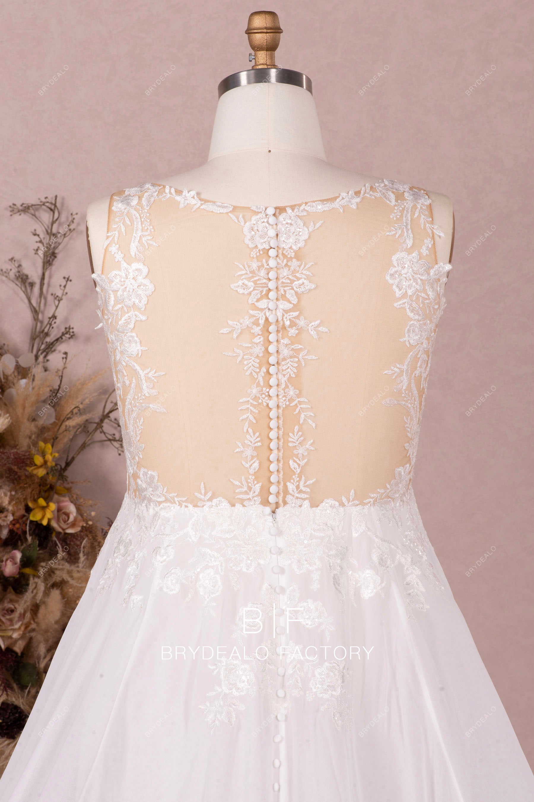 illusion buttoned lace back wedding dress