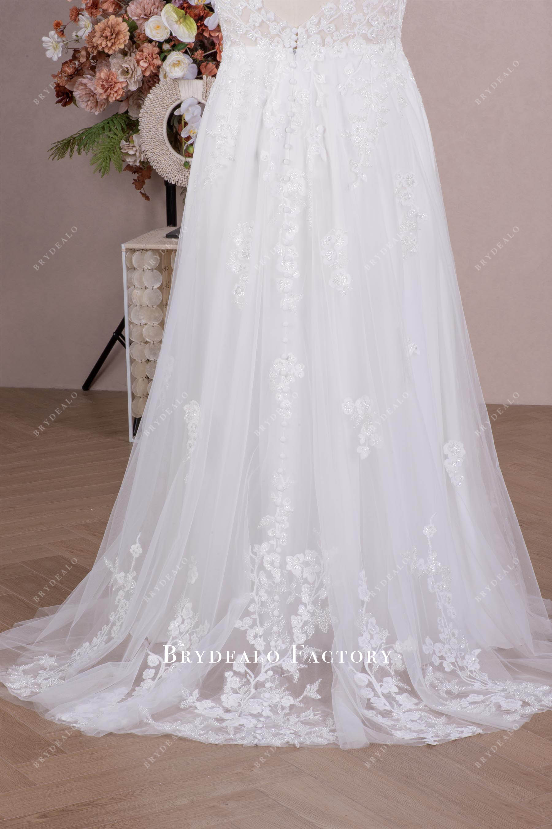 illusion buttoned train wedding dress