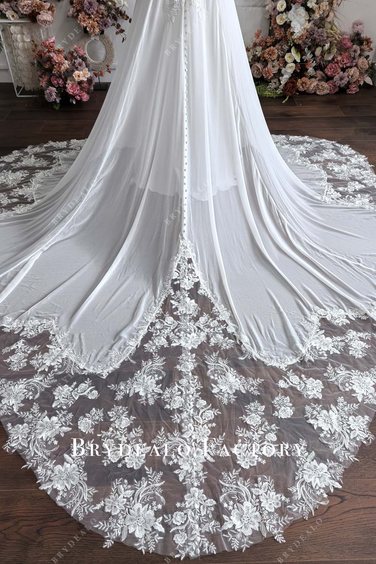 illusion cutout train lace buttons wedding dress