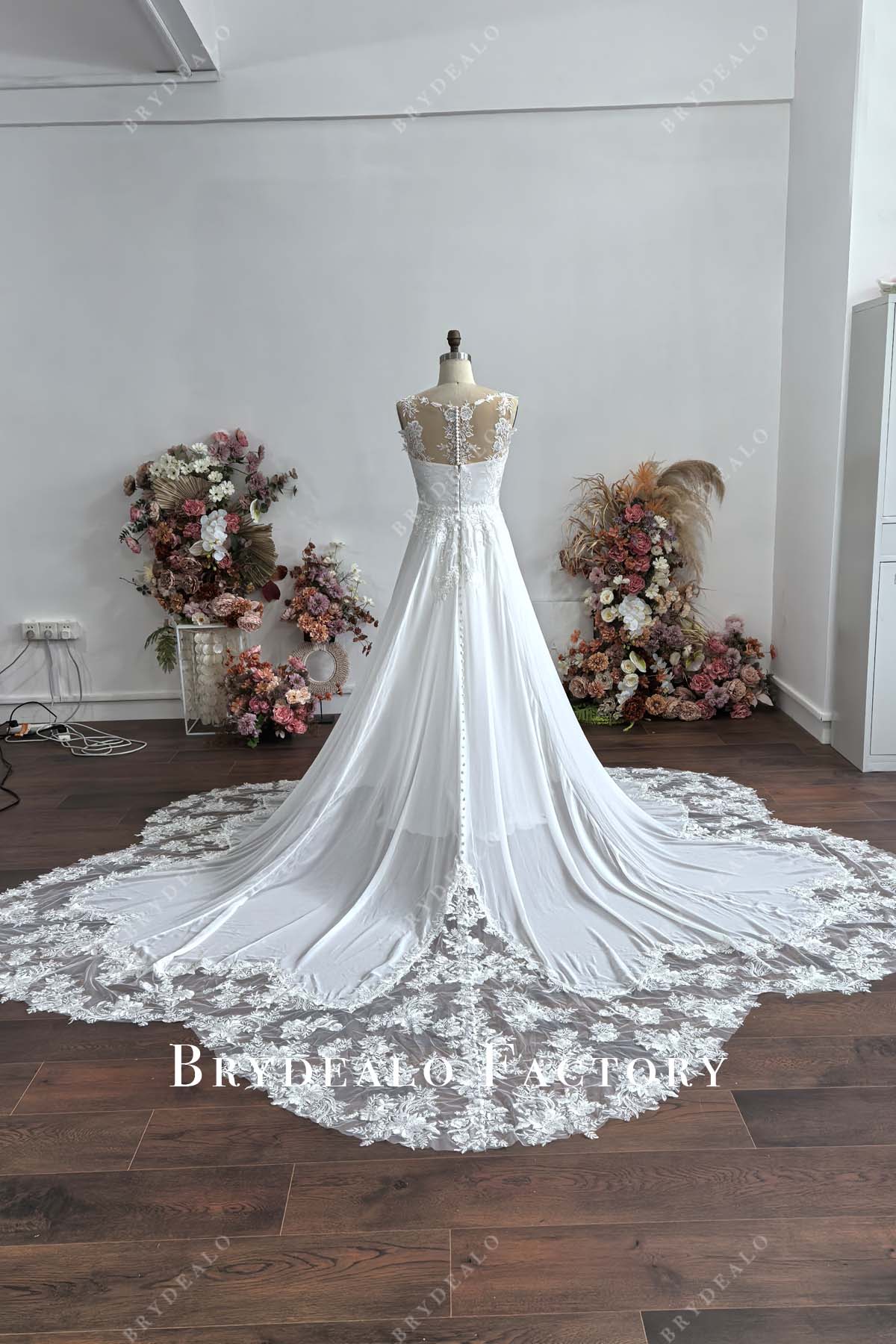 illusion cutout train lace chiffon wedding dress