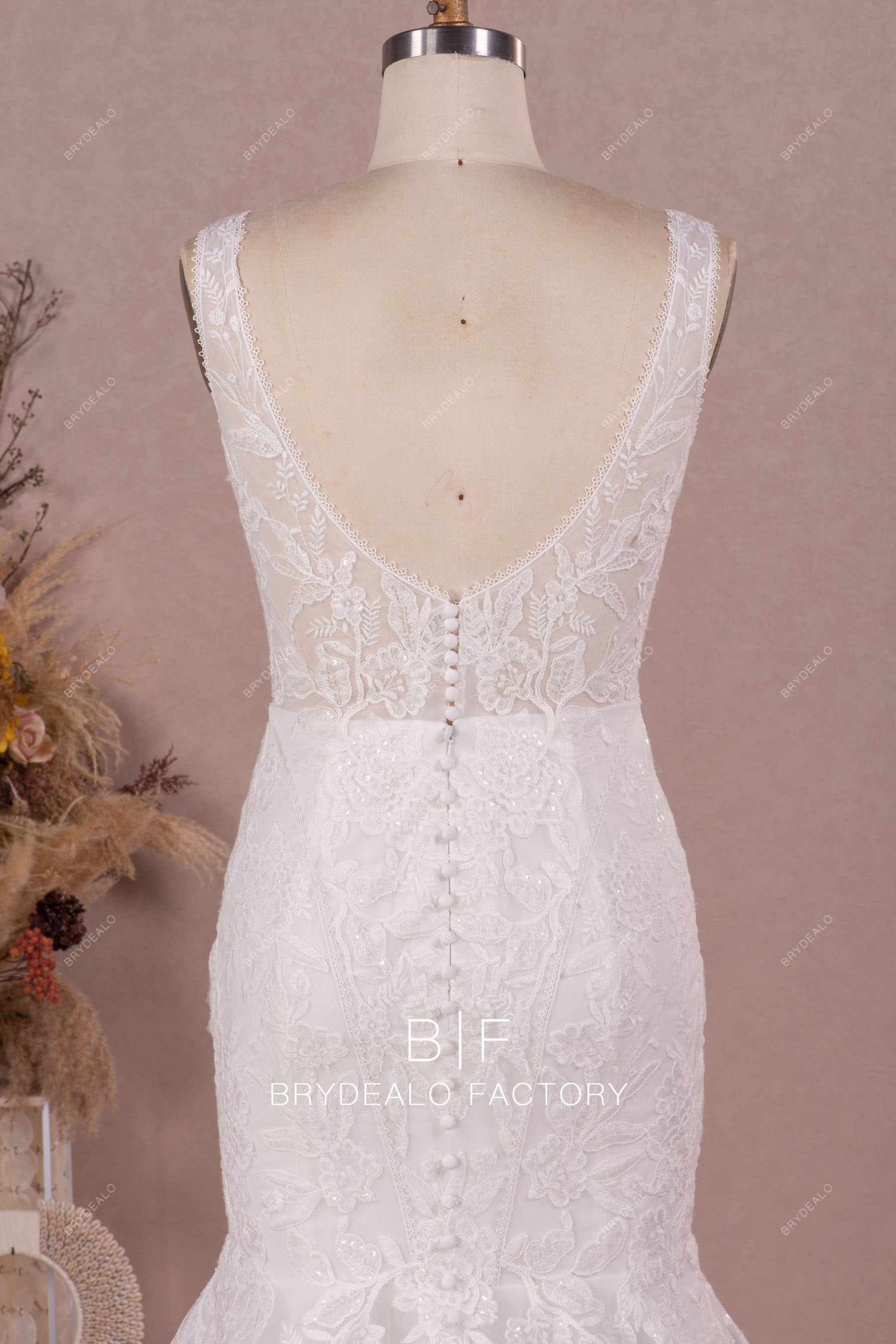 illusion flower lace back wedding dress