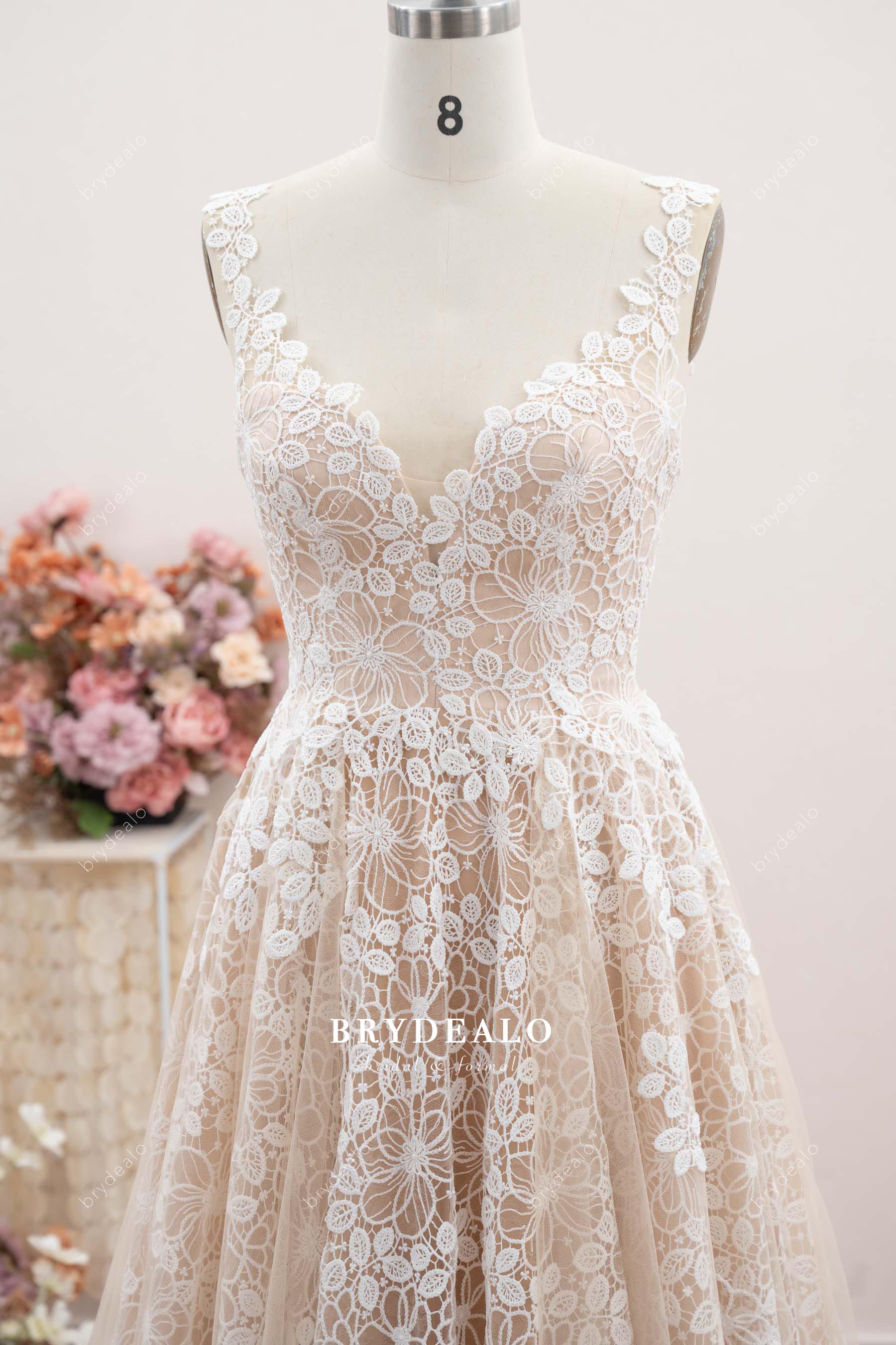 illusion flower lace straps wedding dress