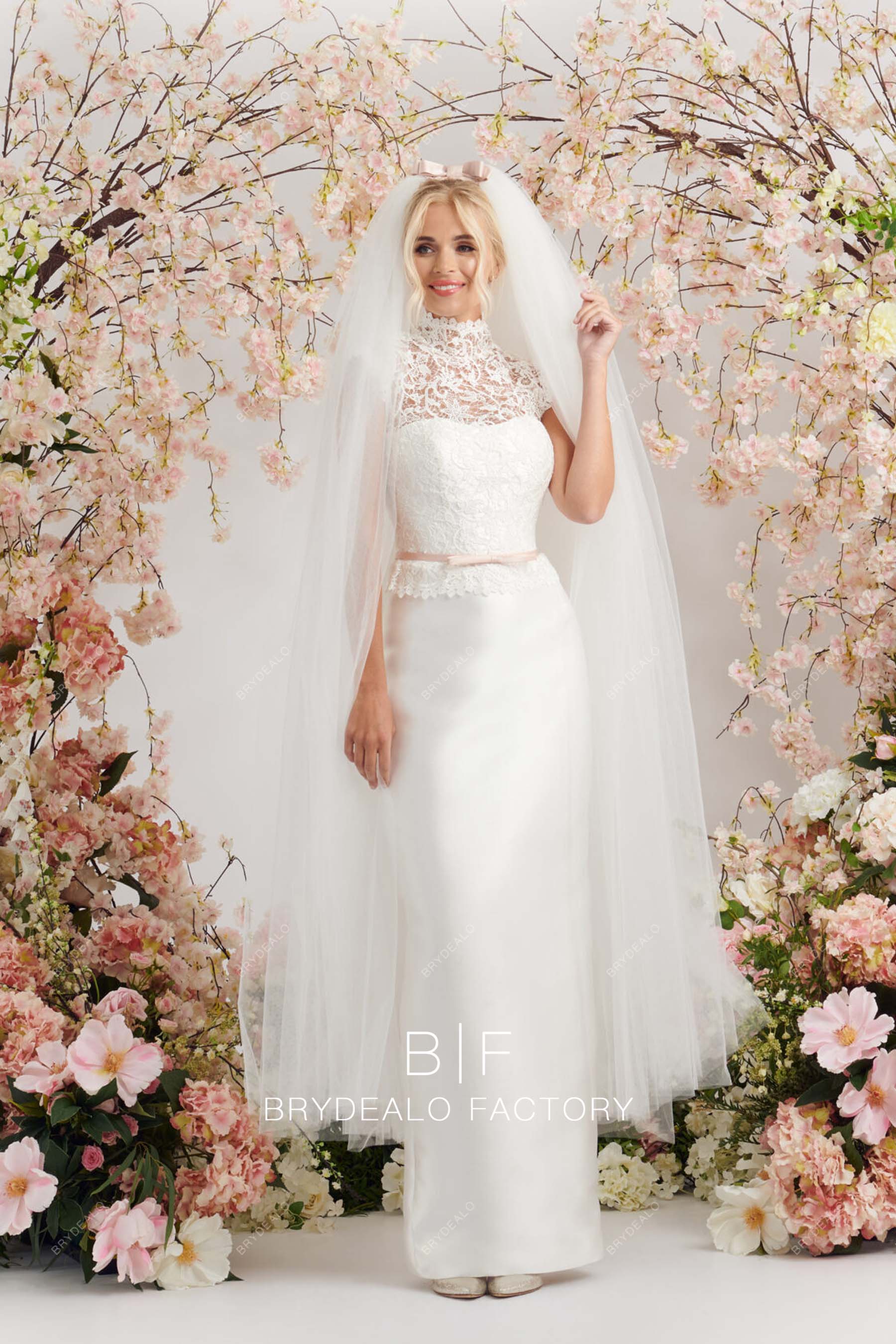 illusion high neck sheath modest wedding dress