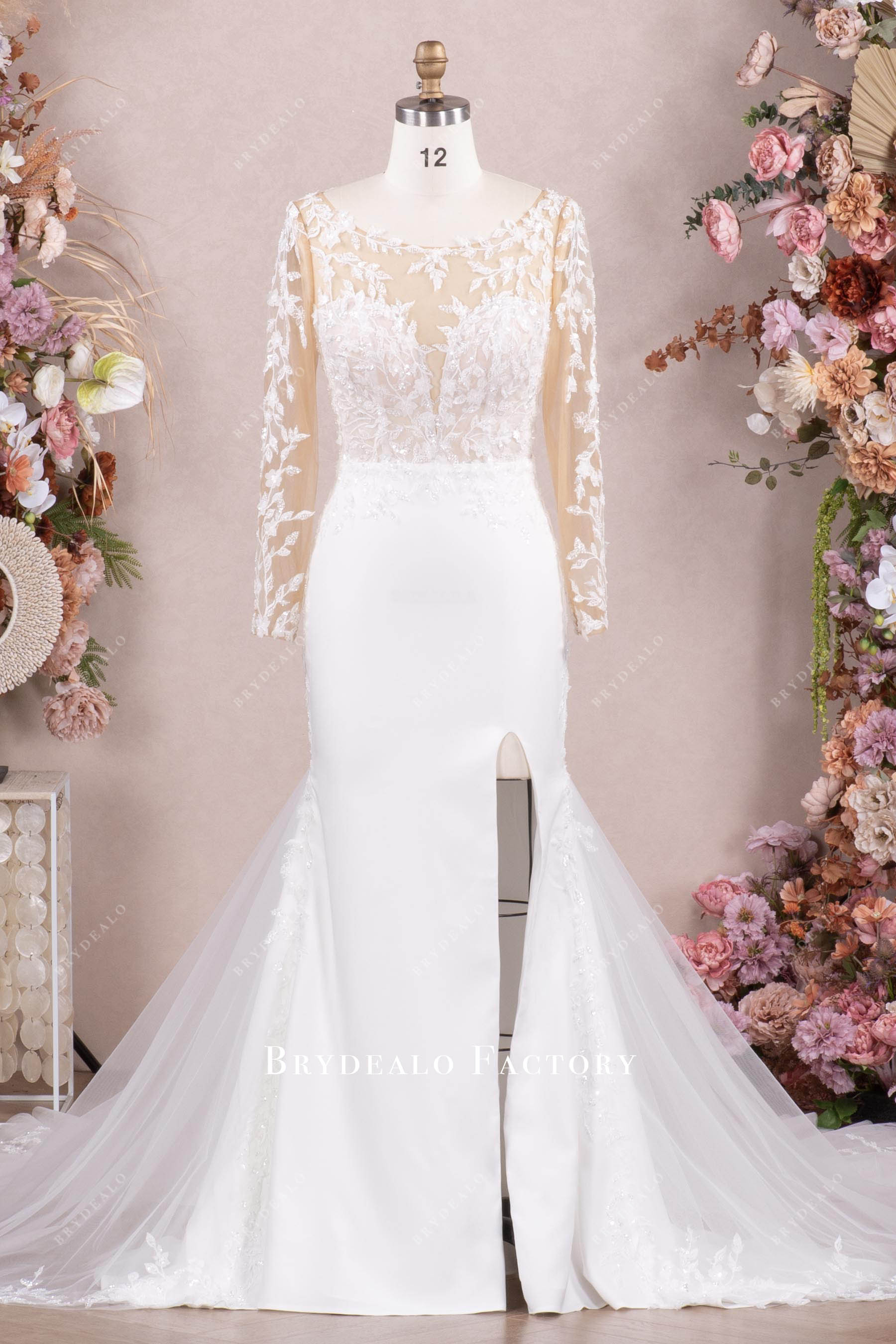 illusion lace sleeve crepe high slit wedding dress