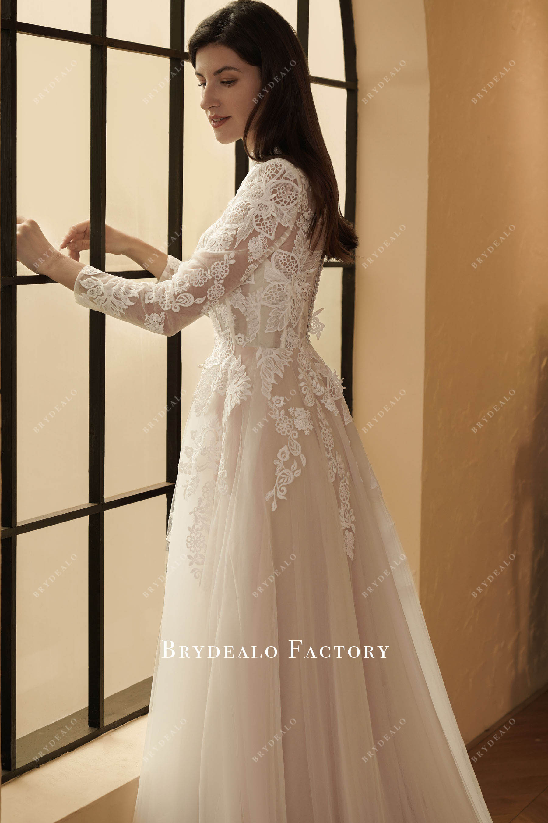 illusion lace sleeve high neck wedding dress