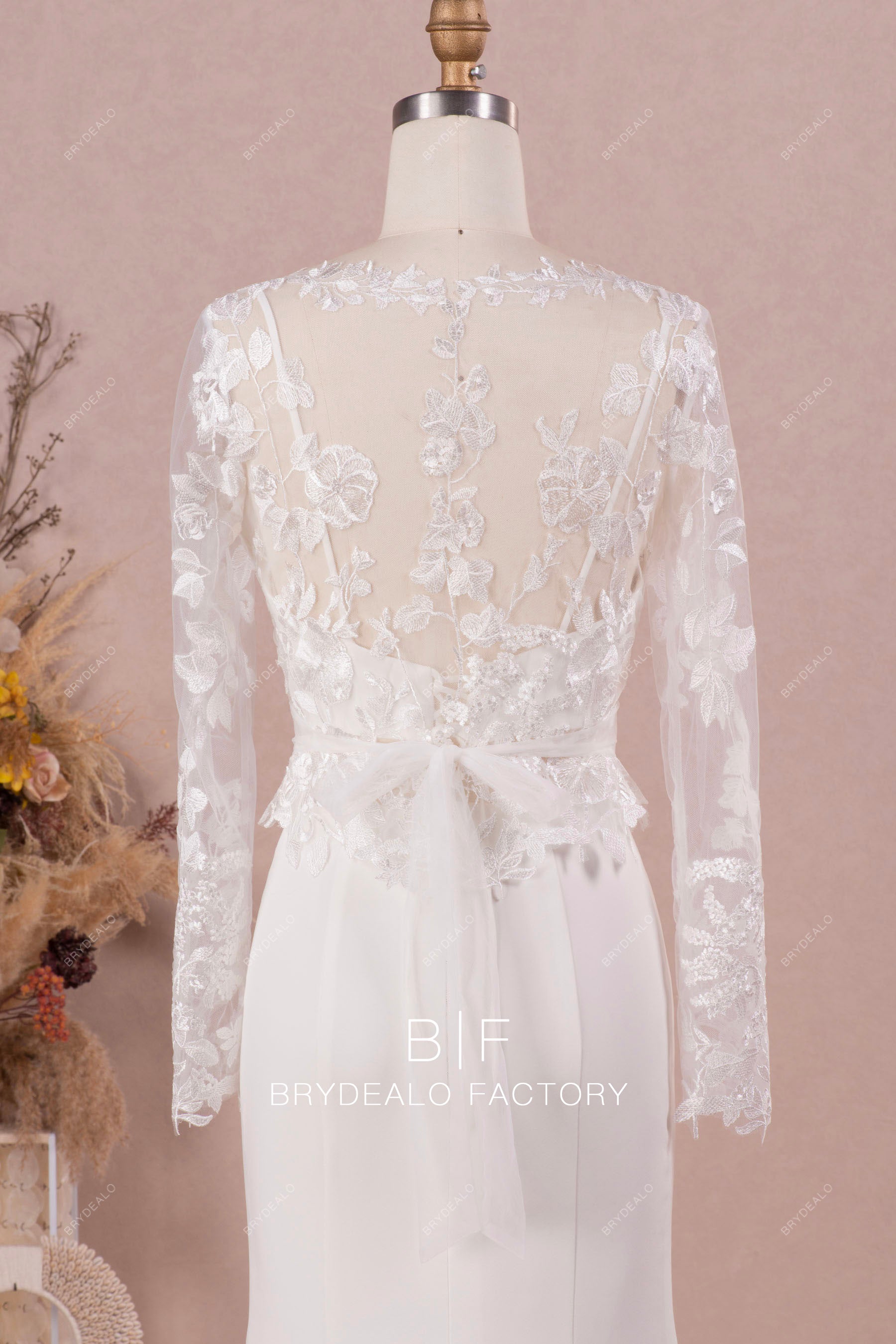 Two-Piece V-neck Lace Bolero Crop Top Crepe Mermaid Wedding Dress