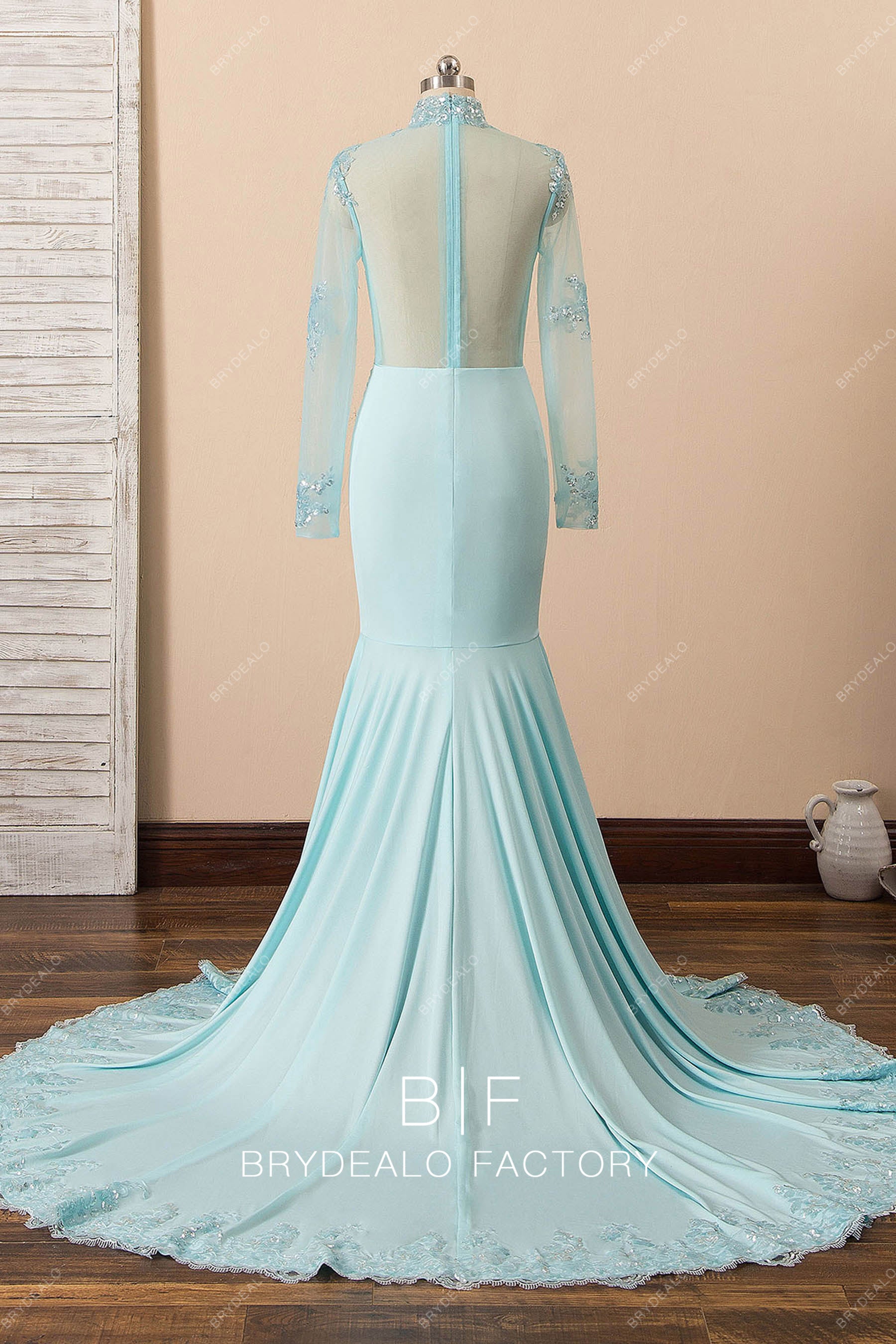 illusion long sleeve back long prom dress