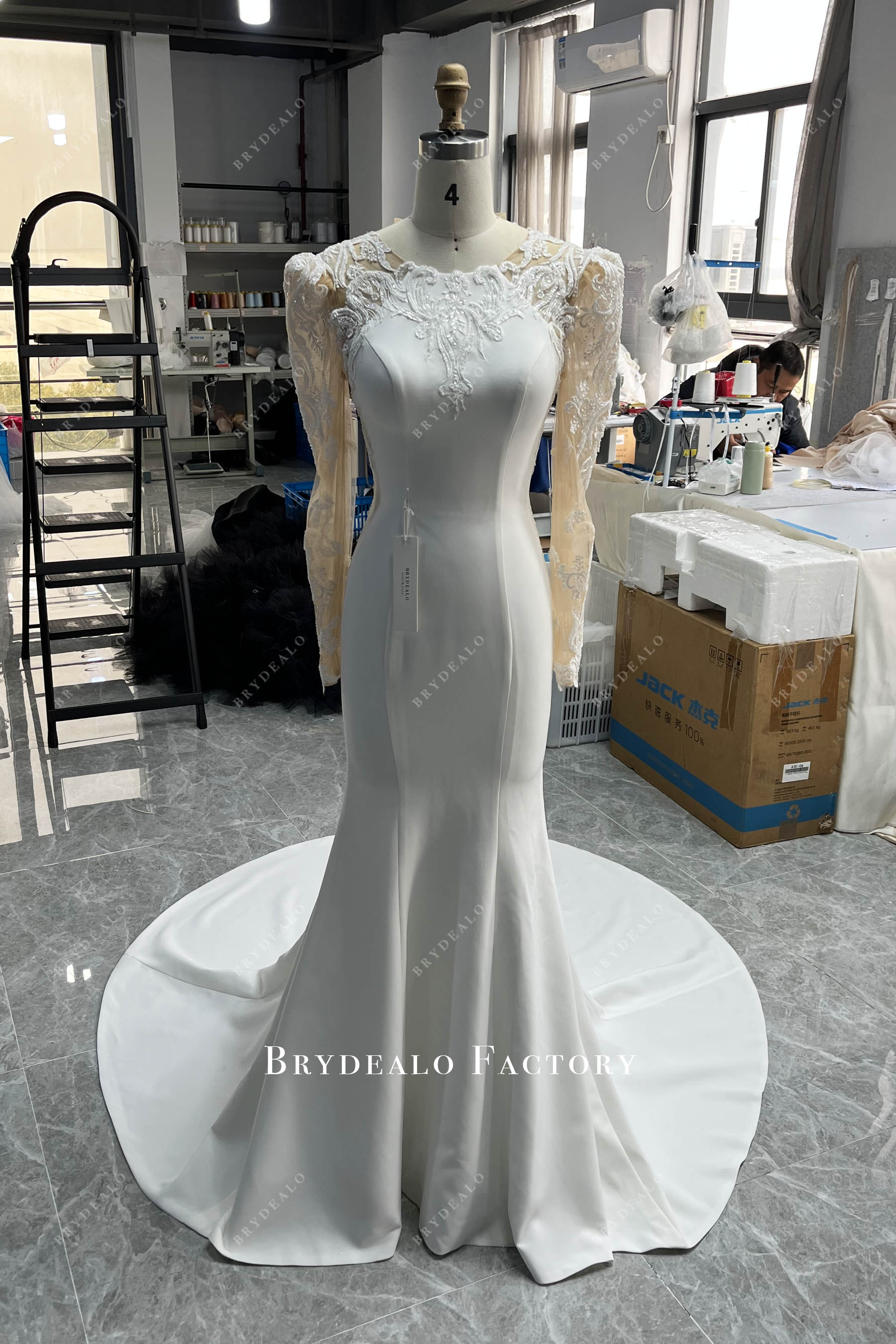 Embellished Sheer Sleeves Crepe Mermaid Bridal Dress