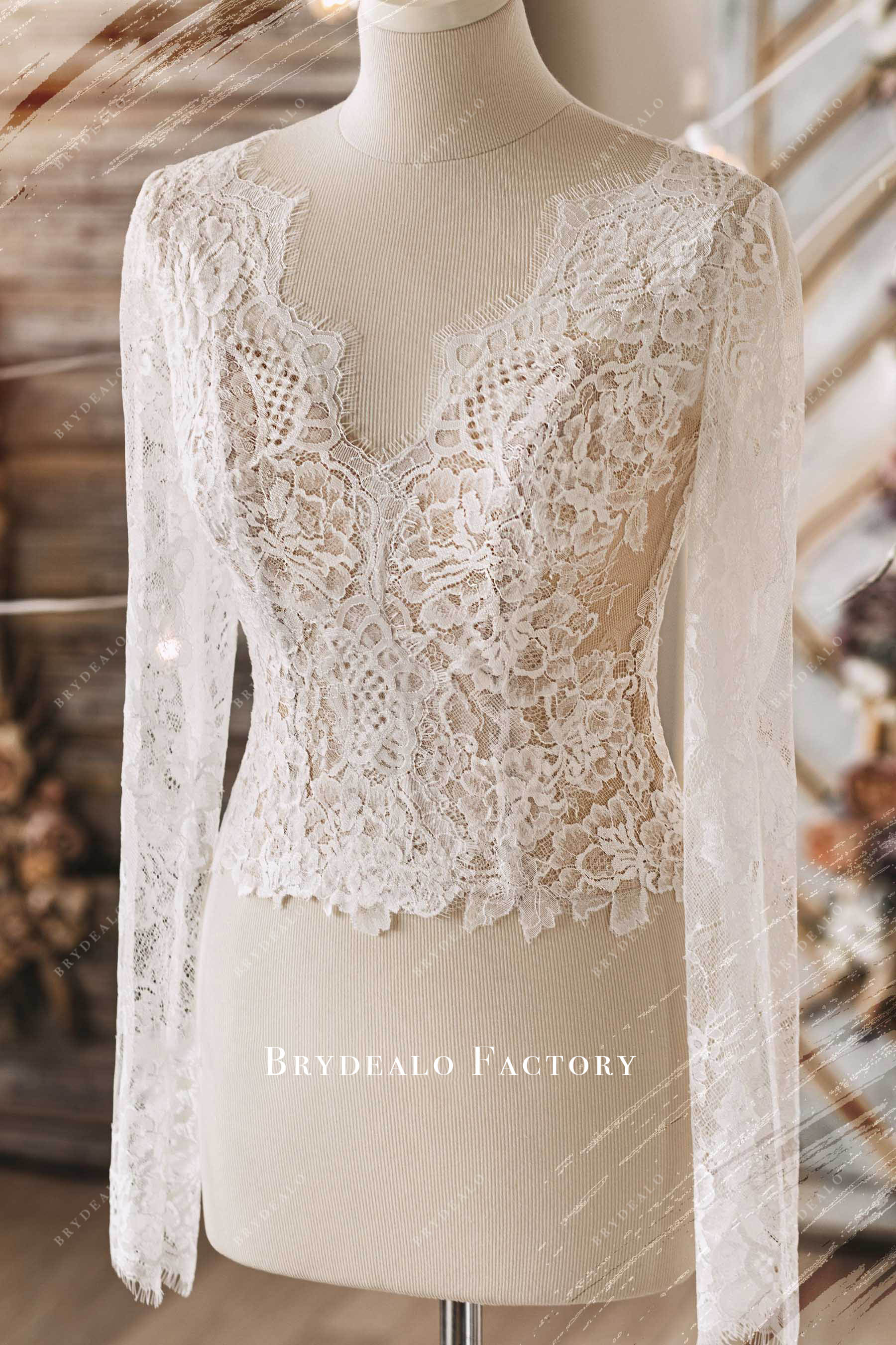 illusion long sleeve eyelash lace bridal top