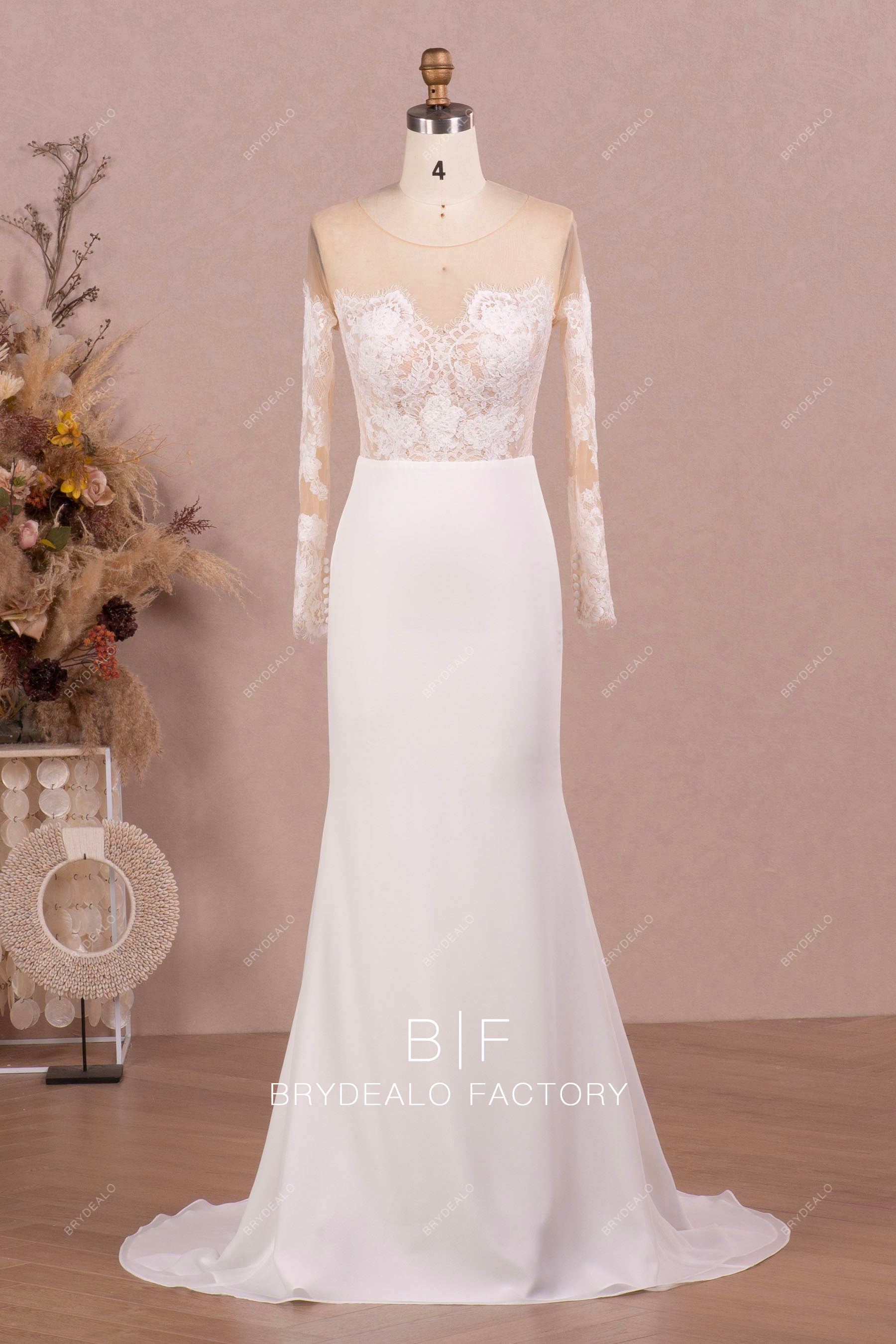 illusion long sleeve lace chiffon wedding dress