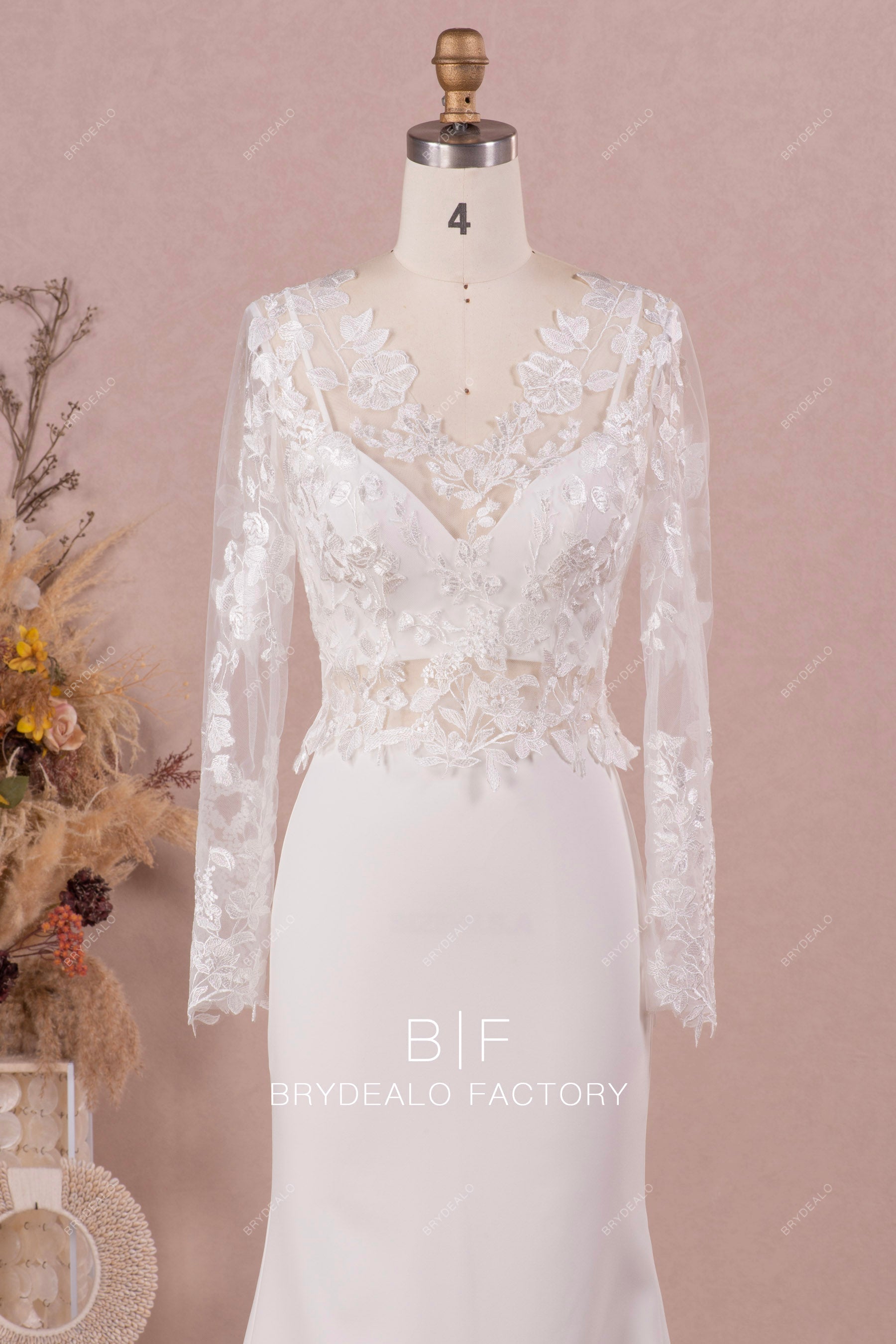 illusion long sleeve lace top wedding dress