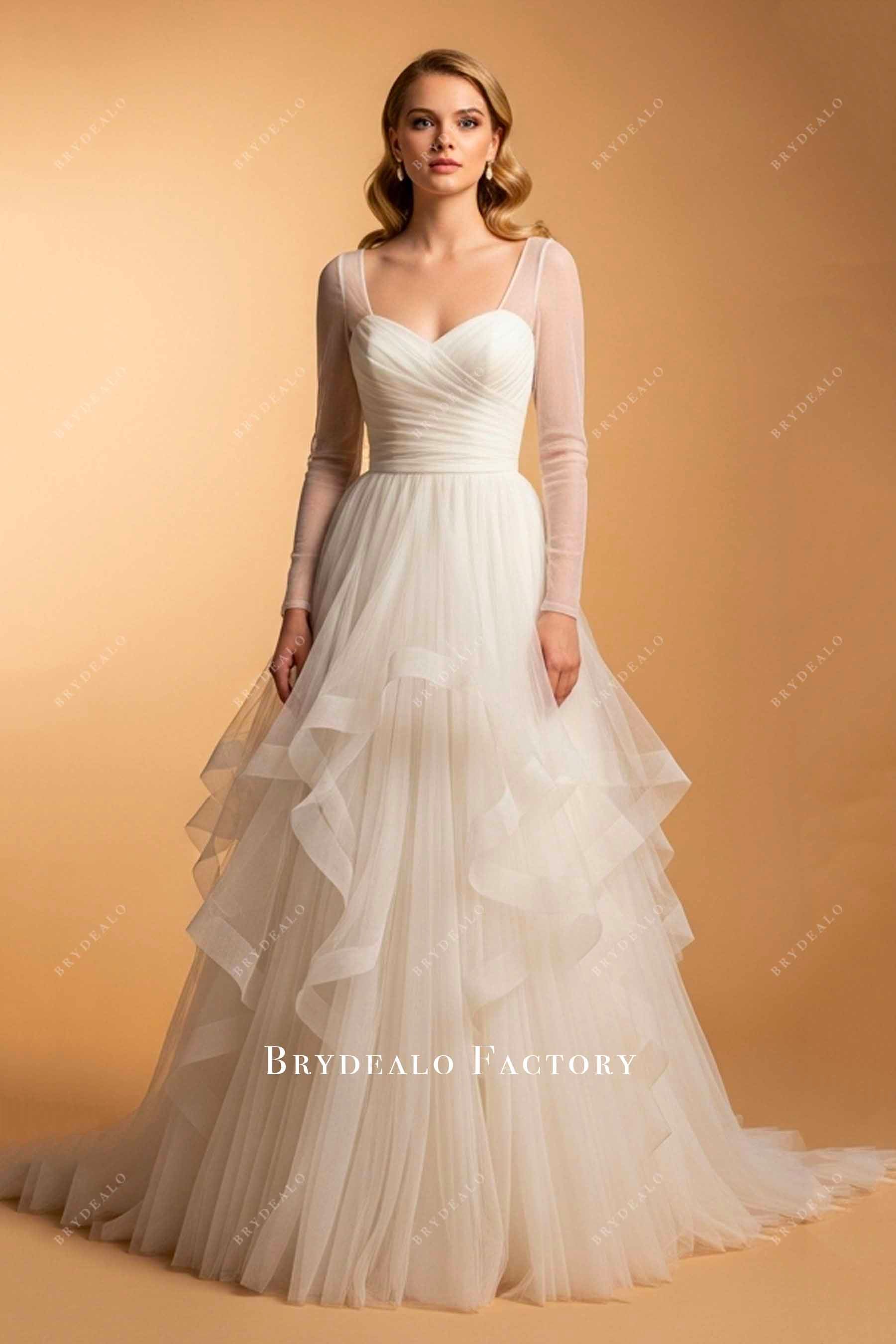 illusion long sleeve ruffled tulle wedding dress