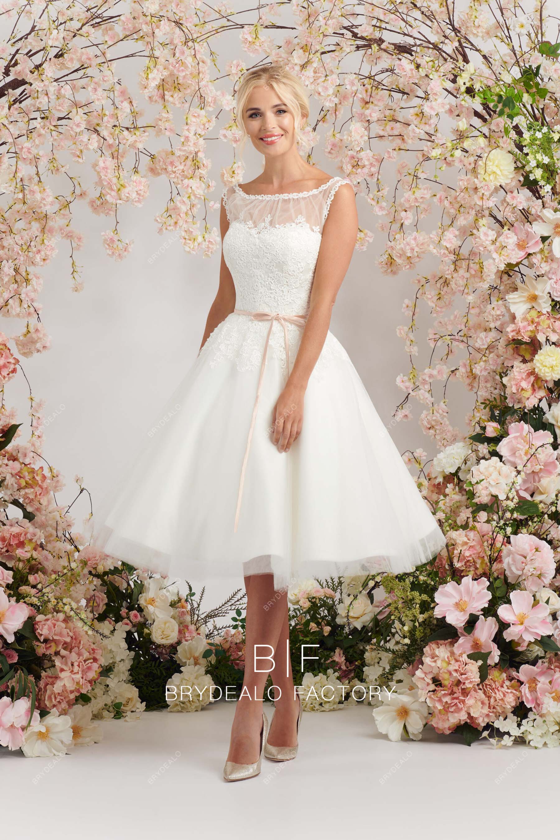 illusion neck lace fashionable short bridal dress